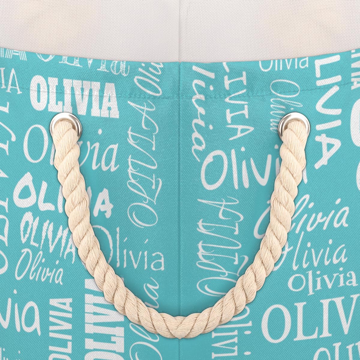 Personalized Round Storage Basket with White Names, Lake Blue Storage Bin with Handles for Baby, Boys, Girls, Collapsible Basket for Toys, Clothes, Books