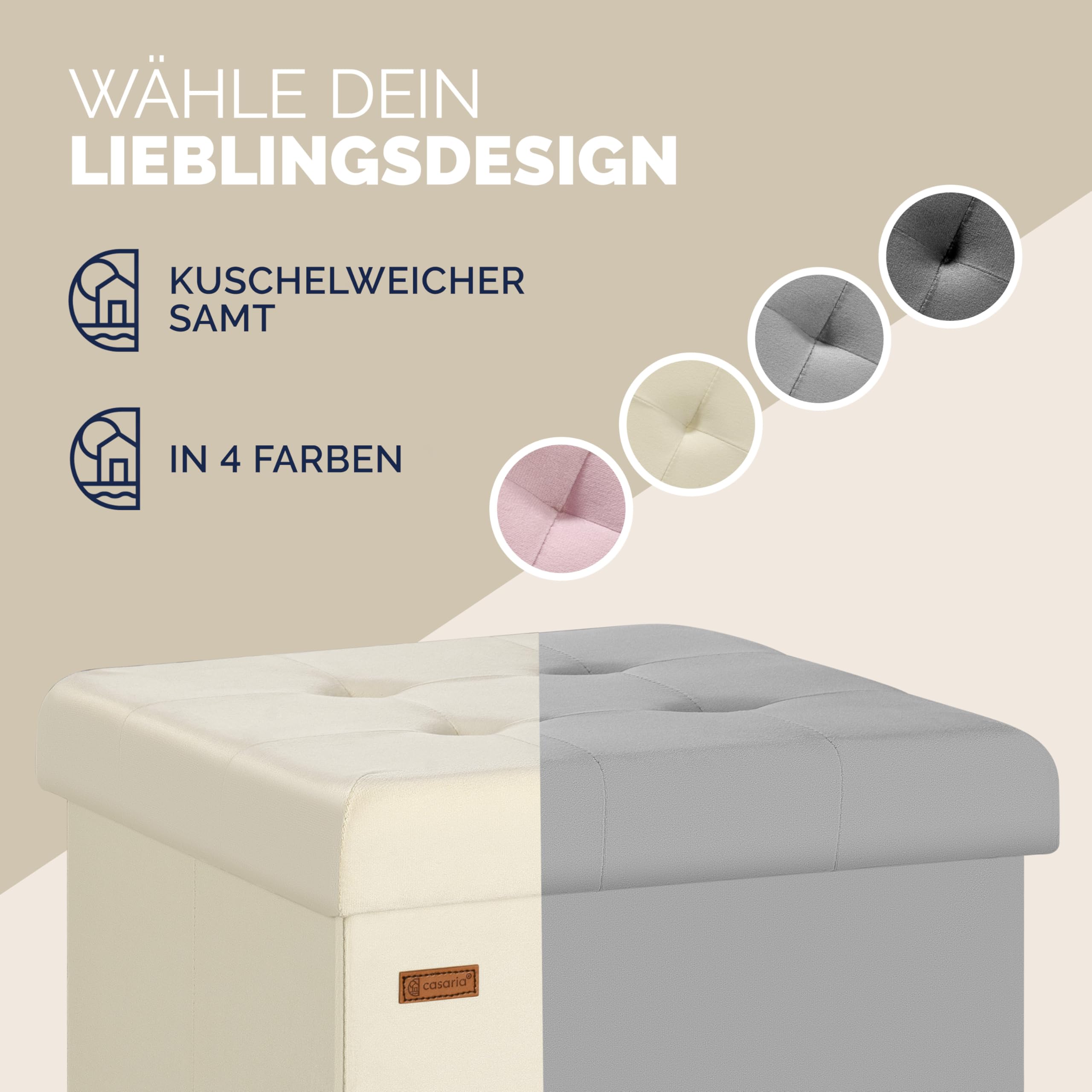 Casaria® Hocker mit Stauraum Samt Beige Faltbar inkl. Füßen 38x38cm 300kg Belastbarkeit Wohnzimmer Schlafzimmer Flur Sitzhocker Fußhocker Polsterhocker
