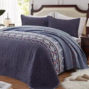 LEAONME Quilt Set Full/Queen Size 3 Piece Bedspread Coverlet Lightweight Comforter Microfiber Bedding Set for All Season Oversized 90x98 Inch Bed Cover Bohemian Navy Blue(1 Quilt,2 Pillow Shams)