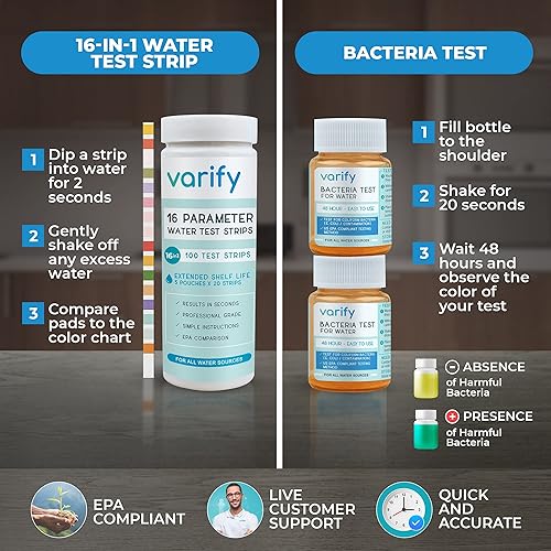 Miniatura 4 de Kit de prueba de agua potable 17 en 1, 100 tiras + 2 pruebas de bacterias, prueba de calidad del agua en el hogar, agua de pozo y grifo, fácil