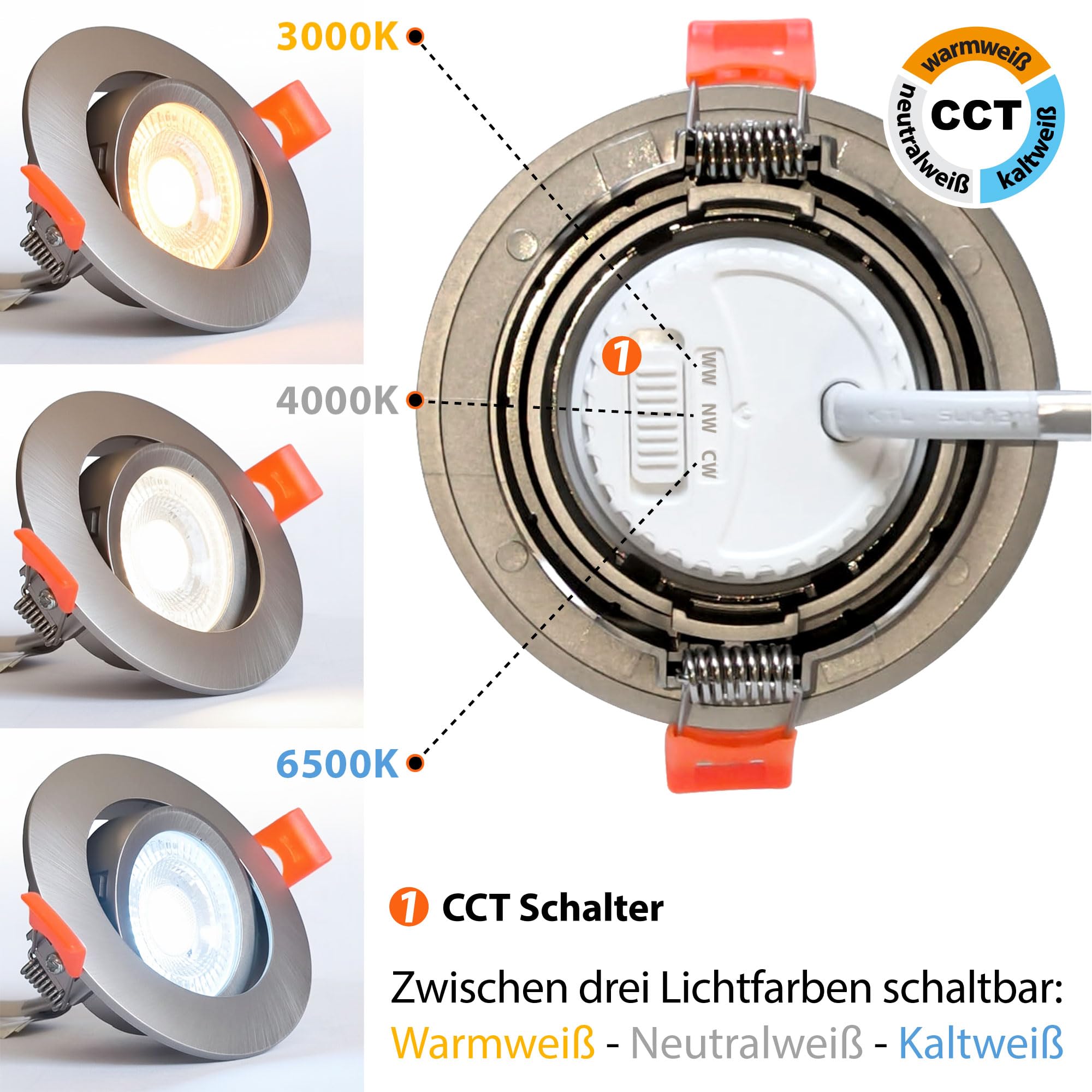 Maxkomfort 6er Set LED Einbaustrahler 230V Ultraflach, 3 Lichtfarben - 3000K/4000K/6500K, 7W Leuchtmittel austauschbar, Deckenspots IP20 silber, Einbauspots Ø85mm