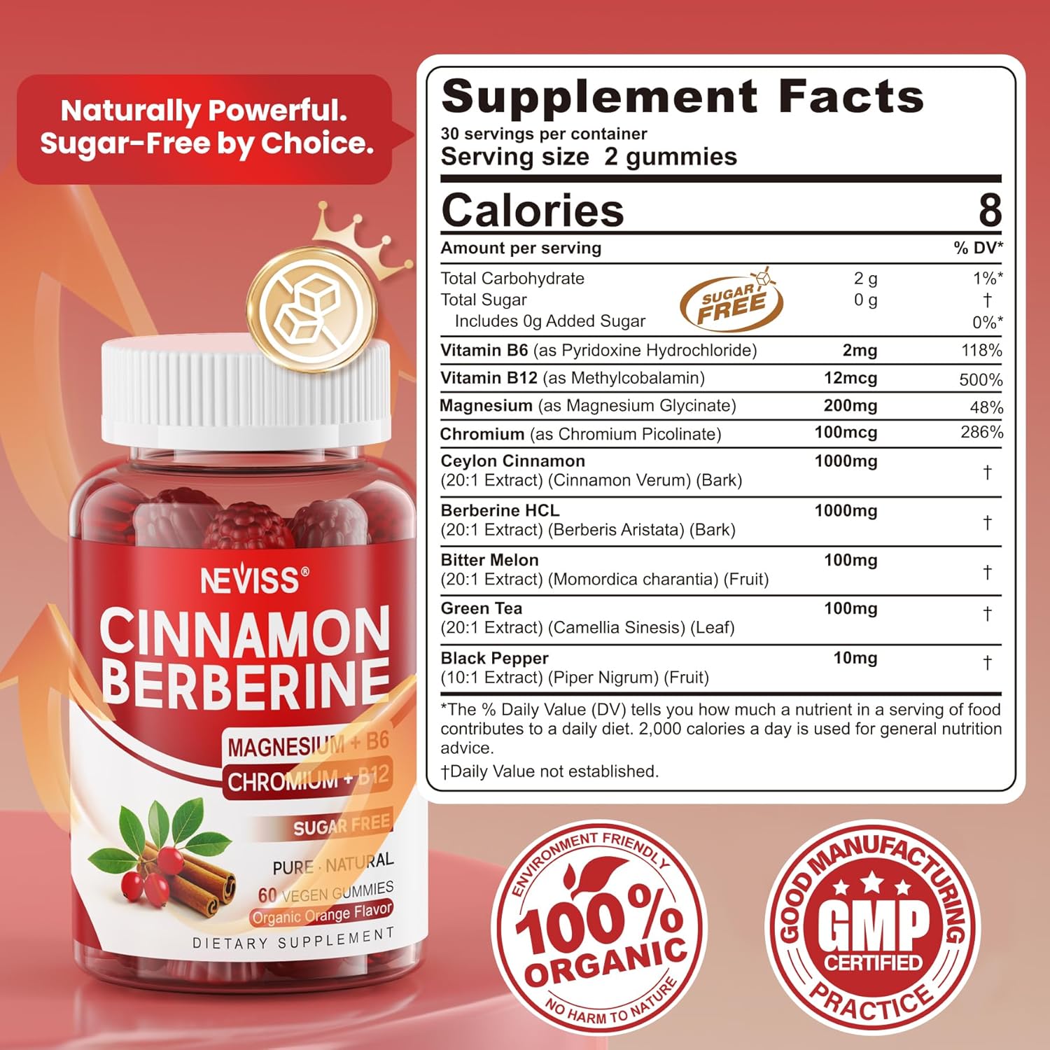 Ceylon Cinnamon Berberine Gummies 2000mg Sugar Free, Organic Berberine HCI Supplement with Ceylon Cinnamon, Bitter Melon, Green Tea, Chromium, Magnesium Glycinate & Methyl B12 for Women & Men, 120ct - Image 2
