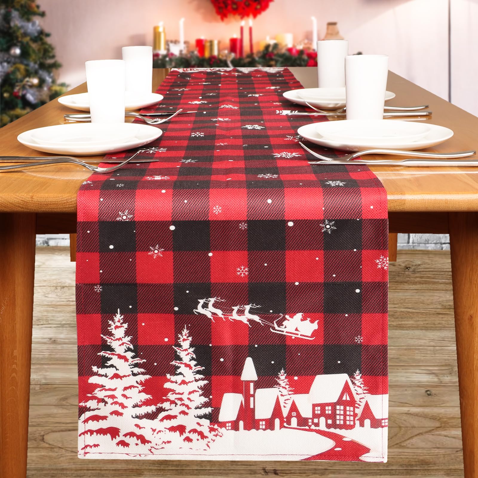 Camino de Mesa Navidad Rojo 183×33cm Corredor Mesa Navideño Copos de Nieve para Decoración Mesa Navidad Comedor Cocina Restaurante Hotel