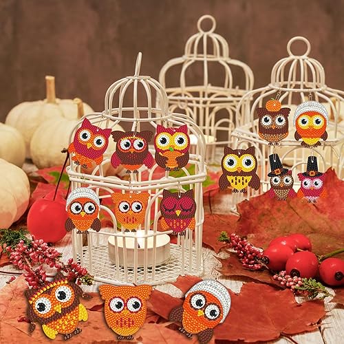 Miniatura 5 de Juego de 12 llaveros de pintura de diamante de búhos para bricolaje, lindos búhos, animales, pintura de diamante, llaveros para principiantes,