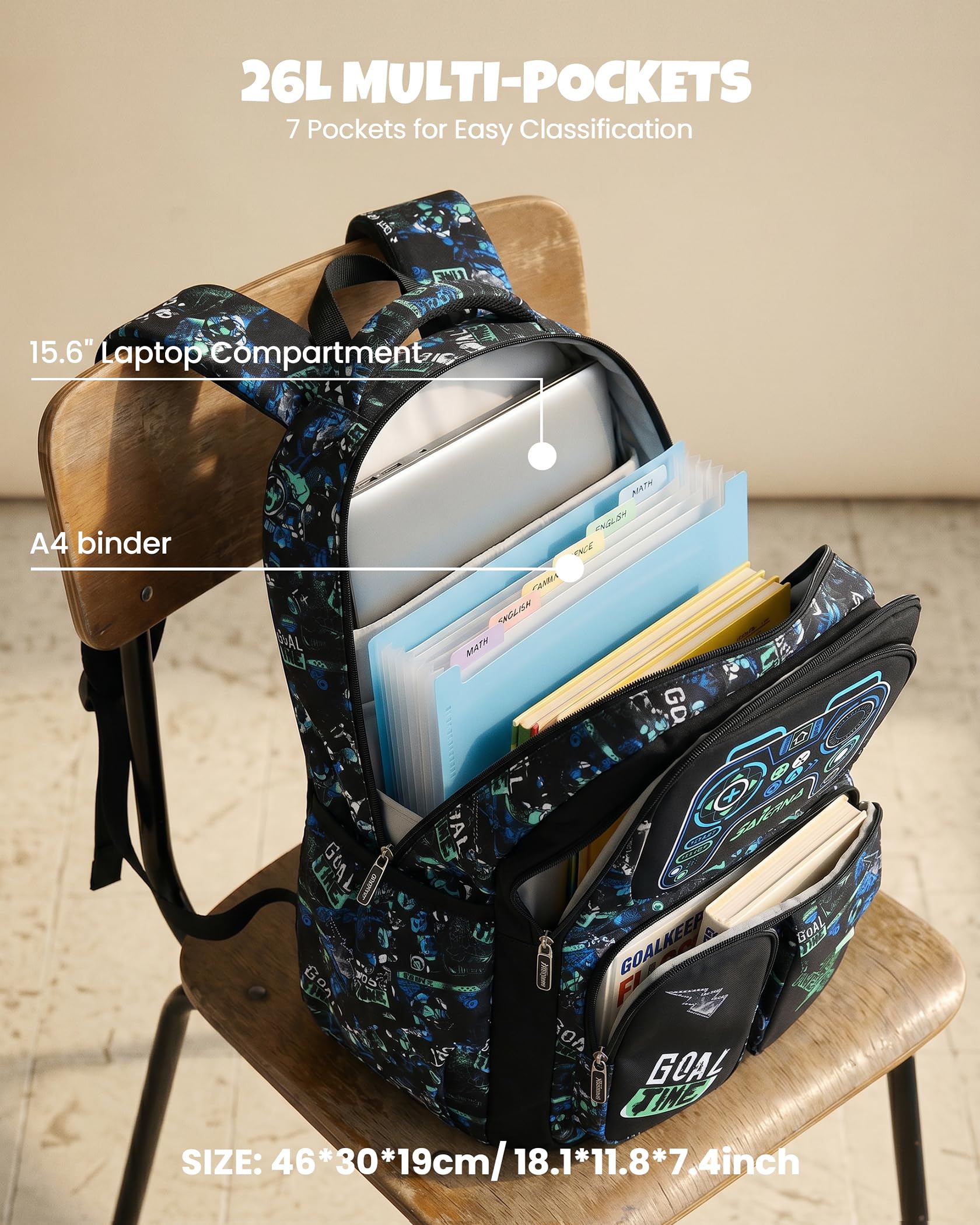 Amythe Mochila Escolar Niños Clases de 3 a 9 3 piezas Grande Set, Negro | 3 piezas Impermeable Correa Pectoral Compartimento Laptop Negro Daypack Multi-Bolsillos Espacioso Resistente para Colegio