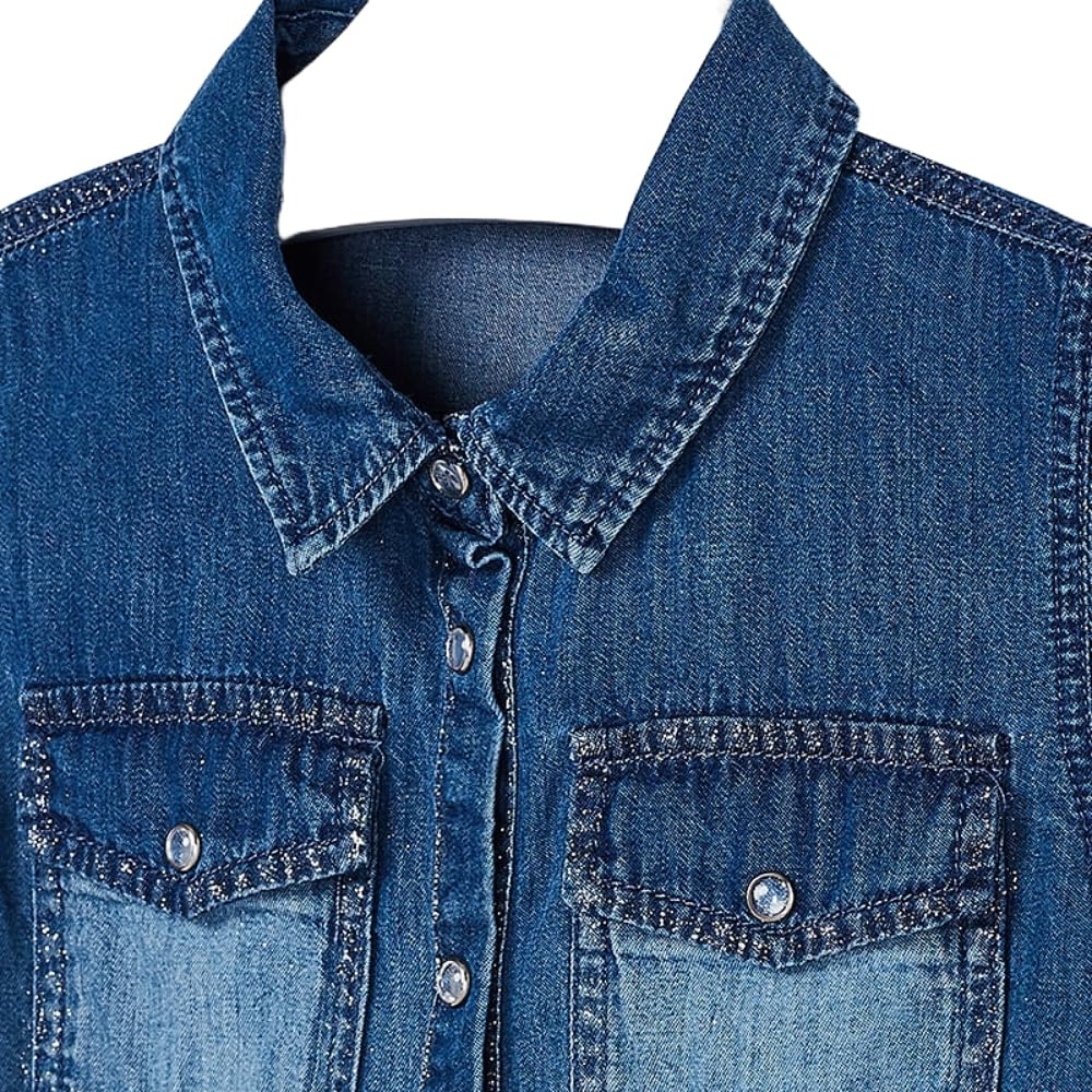 Generico Camisa vaquera para niña con mangas cortas rizadas y bolsillos delanteros, color azul, estilo casual y cómodo, perfecta para primavera y verano, 3106