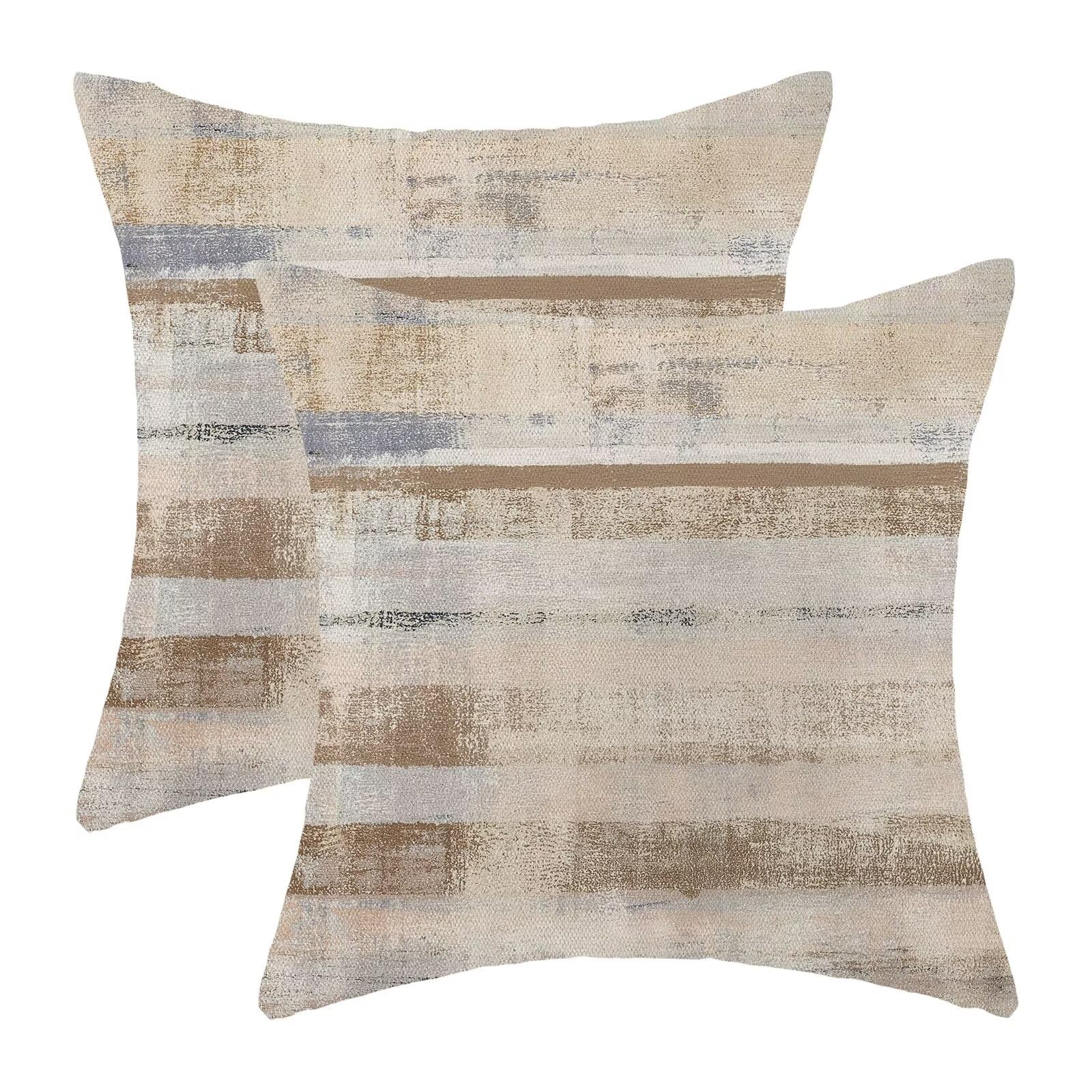 Boho Brown Grey Stripe Throw Pillow Covers 18x18 Inch Set of 2, Rustic Abstract Decorative Throw Pillow Covers Retro Stripe Linen Outdoor Cushion