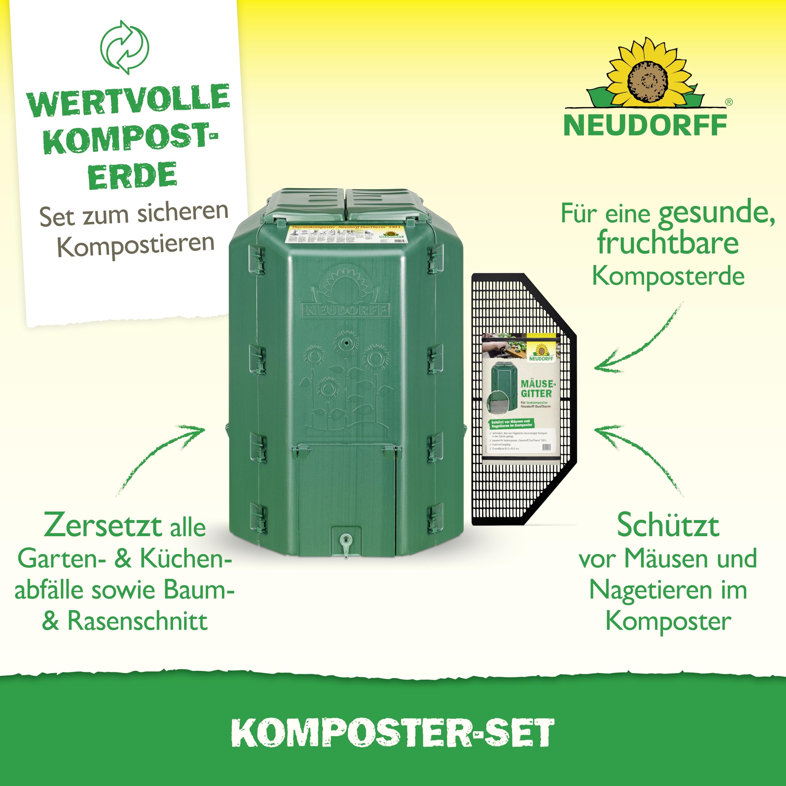 NEUDORFF Thermokomposter mit Bodengitter DuoTherm 530 L Schnellkomposter rattensicher - Komposter Garten für Küchenabfälle - Wetterfeste und UV-beständige Komposttonne mit Recycling Kunststoff