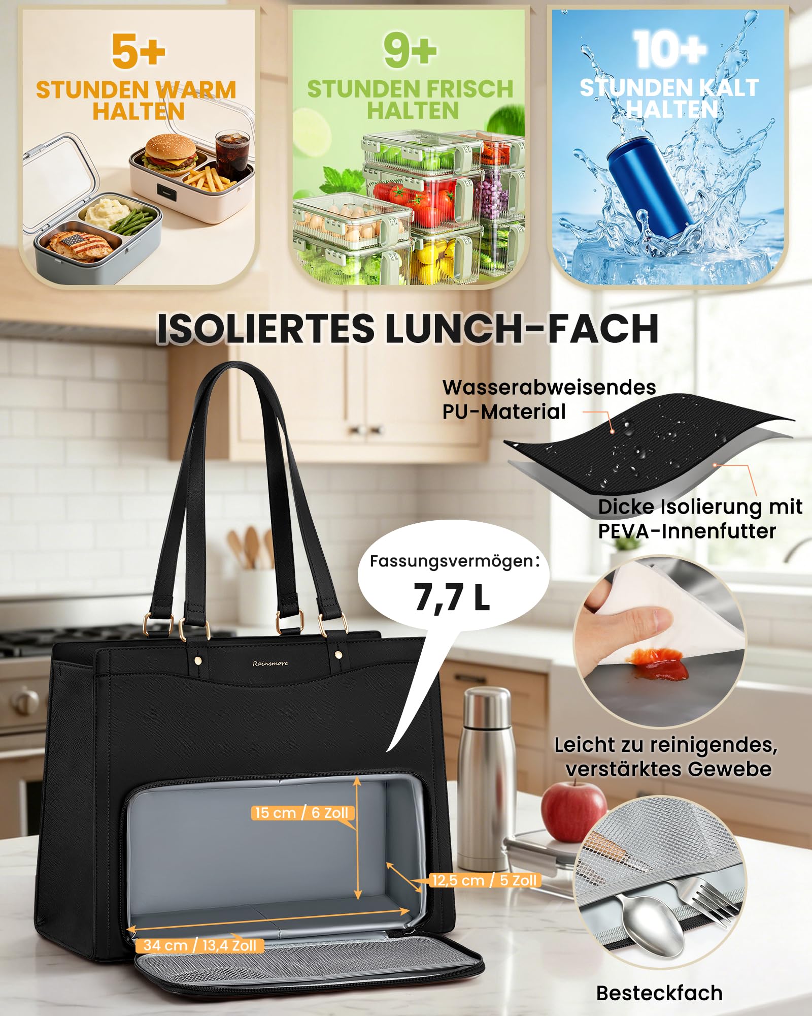 RAINSMORE Lehrertasche Damen mit Kühlfach 15,6 Zoll Laptoptasche Arbeitstasche Damen Groß PU Leder Business Handtasche mit Lunchfach Wasserdicht für Büro Uni Schule Schwarz
