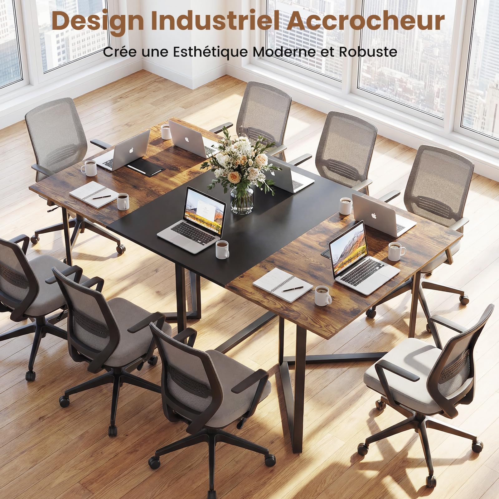 COSTWAY Table de Conférence, Grande Table de Réunion Rectangulaire pour 8 Personnes, 2 Passe-Câbles, Style Industriel, pour Salle de Réunion, Bureau, 180 x 100 x 76,5 cm, Marron Rustique