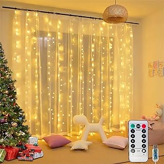 Honche 300Led Fairy Curtain String Lights 10x10ft with Remote Window Lights for Bedroom Wedding