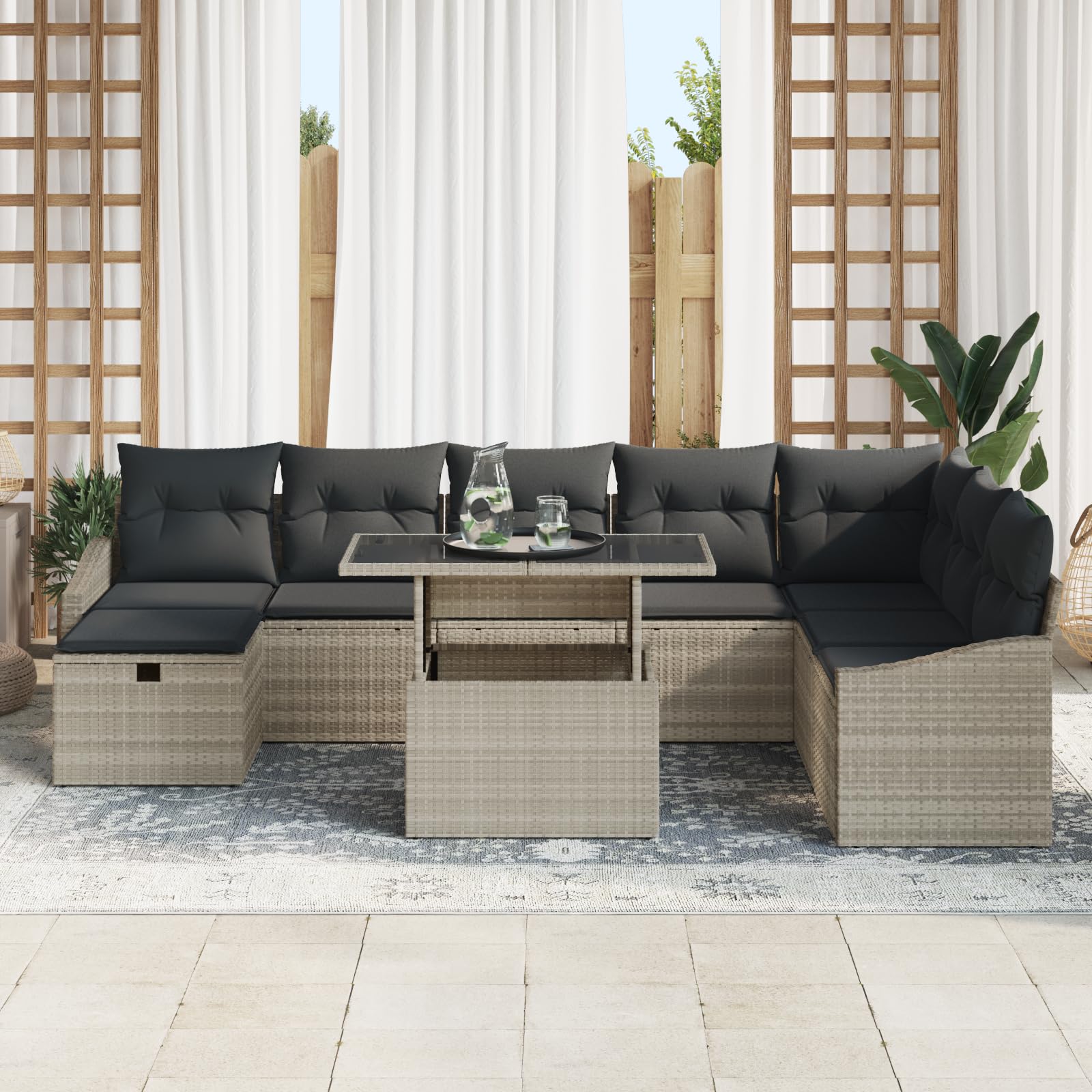 9-częściowy zestaw mebli ogrodowych z poduszkami w kolorze jasnoszarym polirattanowym, modułowa sofa outdoorowa z miejscem do przechowywania i odpornym na warunki atmosferyczne meble ogrodowe