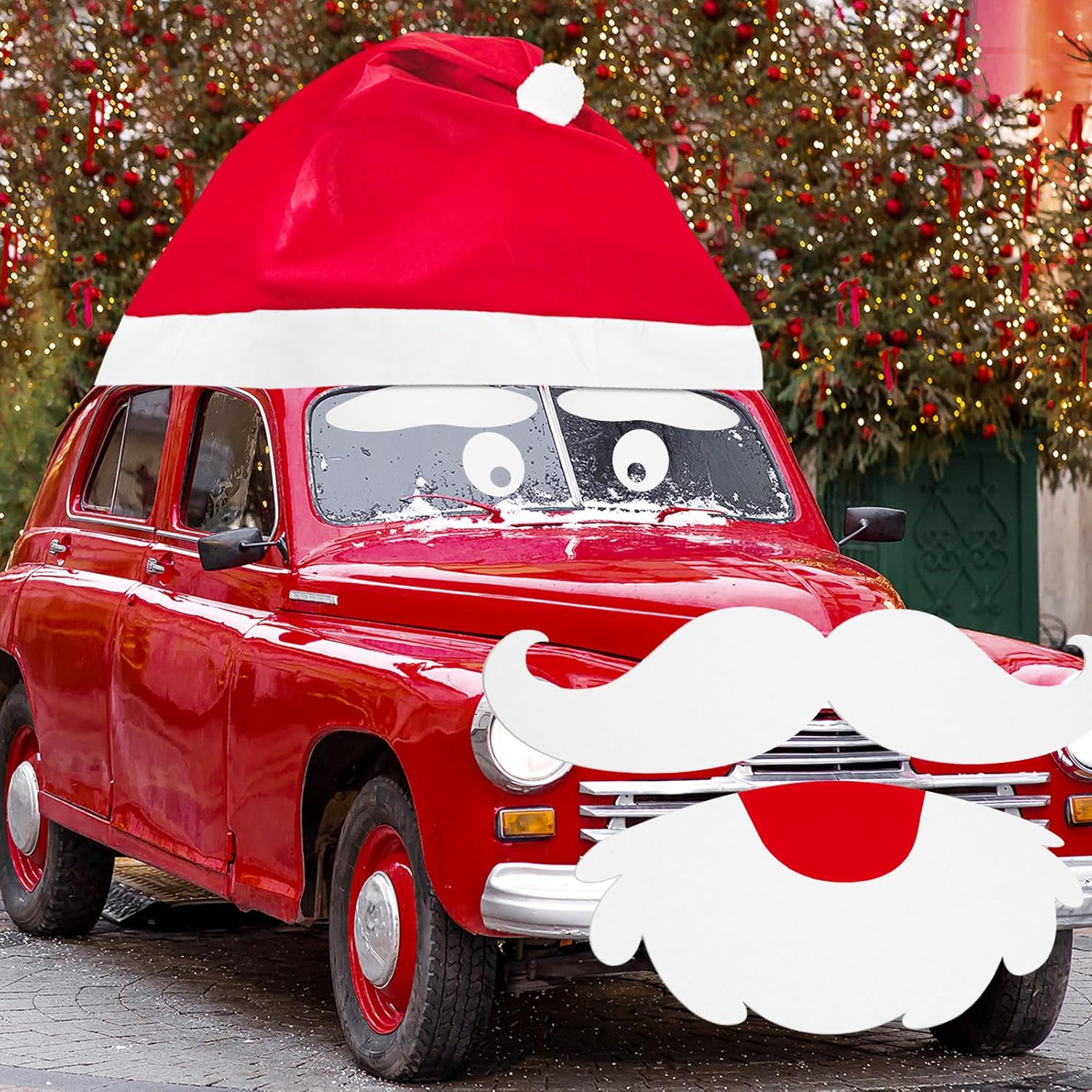 Cinrobiye 8 Pcs Large Christmas Car Decoration Santa Claus Hat Beard Face Sticker Outdoor Car Covers for Xmas Cars Costume Auto Accessories Felt Santa Vehicle Golf Kit Xmas Gift Set Supplies