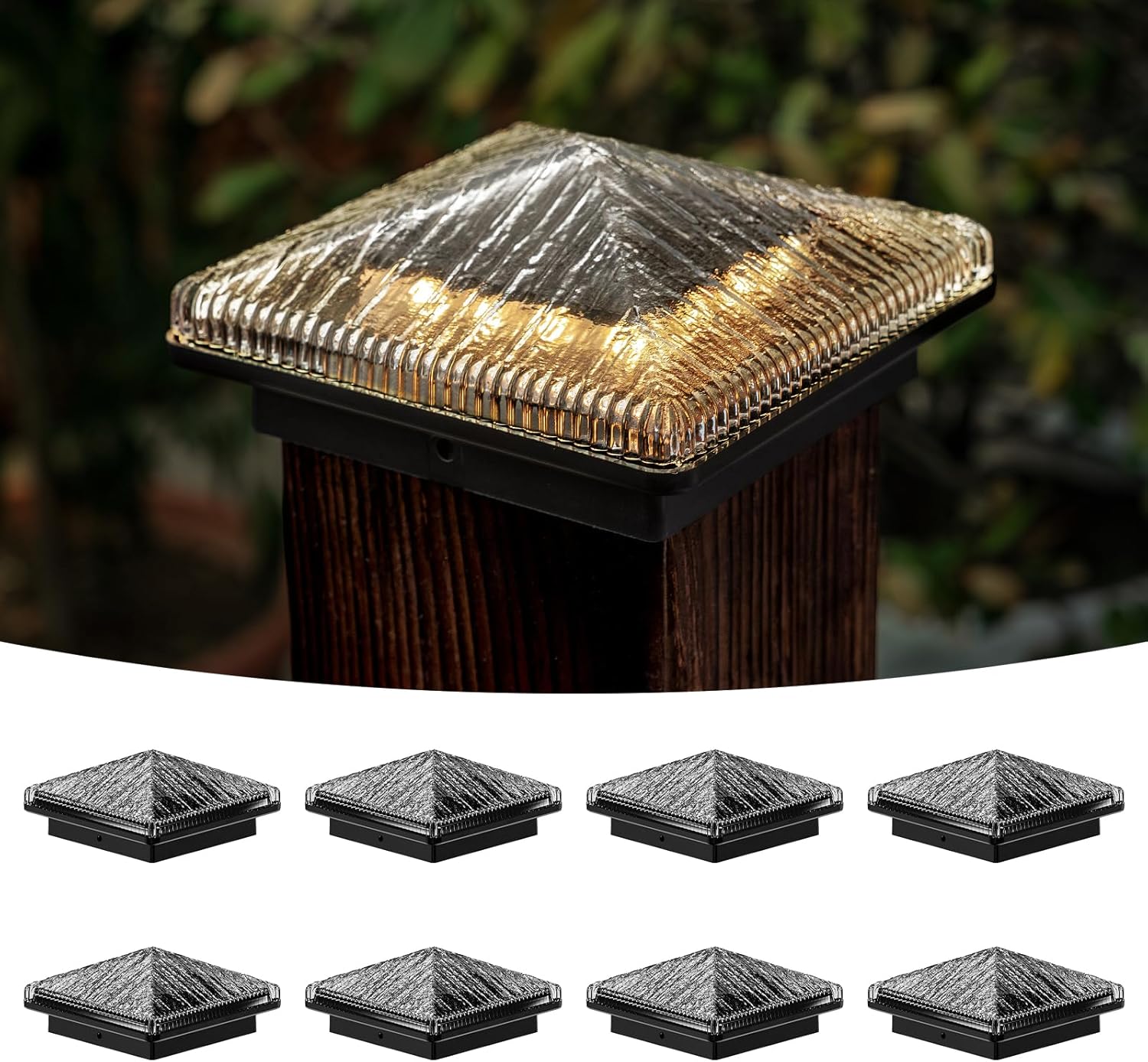 Glass Solar Post Cap Lights with Timber Style - Decorative Deck Fence Lights for 4x4 5x5 Posts Hidden Solar Panel, Modular Design, 10Hr Runtime, IP65, Warm White, Black, 8 Pack