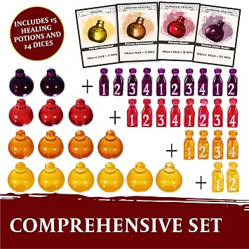 15 DND Healing Potion Tokens and Each Potion Level Has a Color Matching D4 Dice Set to Easily Track & Roll for Your D&D Potions - Dungeons and Dragons Role Playing Gift RPG Accessories Markers
