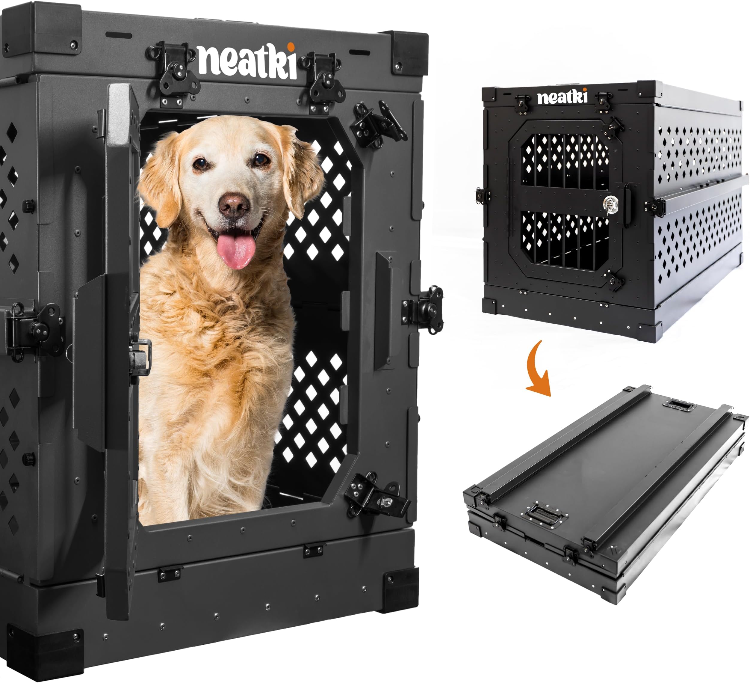 Collapsible Heavy-Duty Dog Crate, Portable Powder-Coated Aluminum Kennel for Medium Dogs, Ideal for Indoor and Travel Use (Black, 34-Inch)