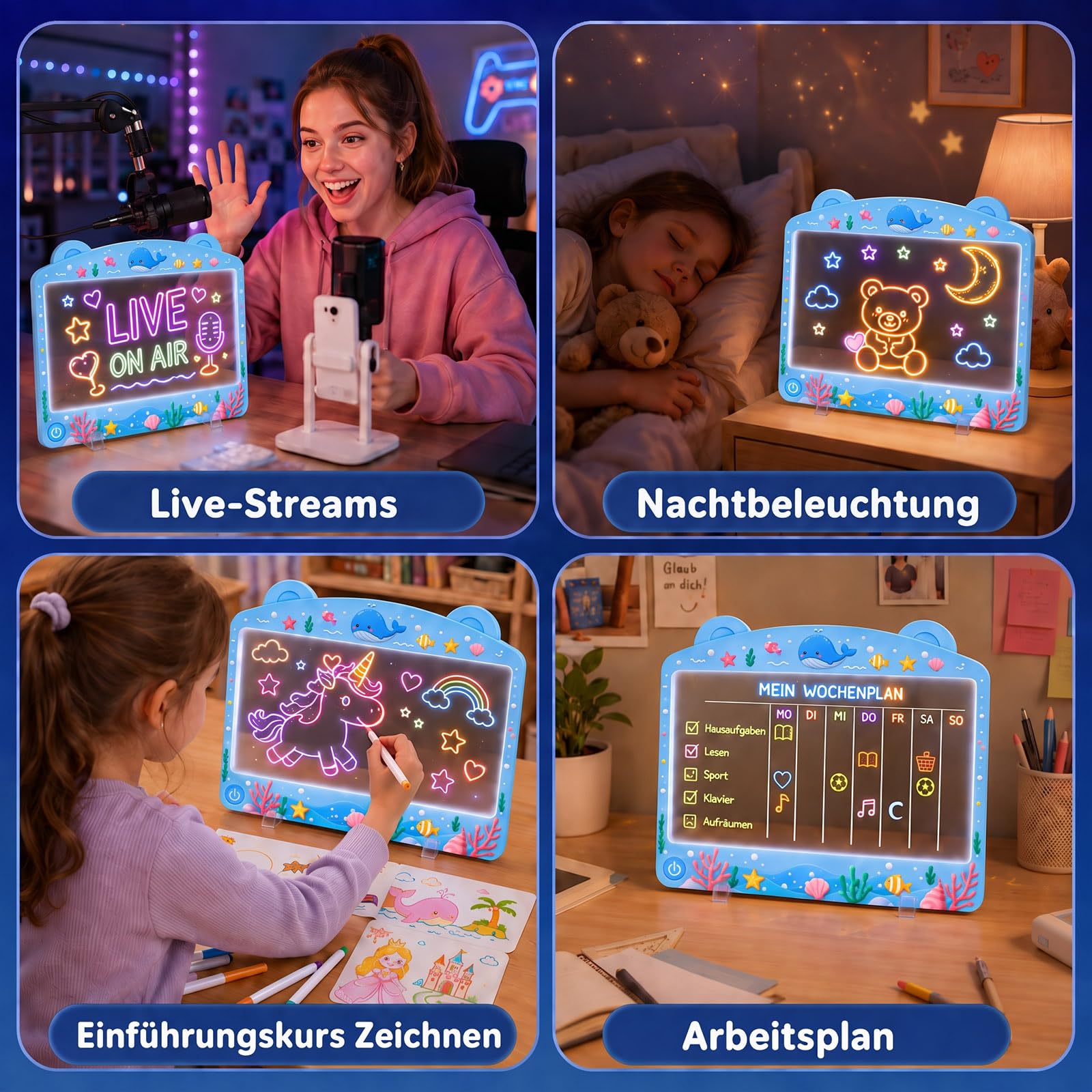 Planche à dessin LED pour enfants, 33 cm, avec 10 modes d'éclairage, variateur tactile, 7 marqueurs et 8 modèles, tableau à dessin en acrylique comme veilleuse et cadeau