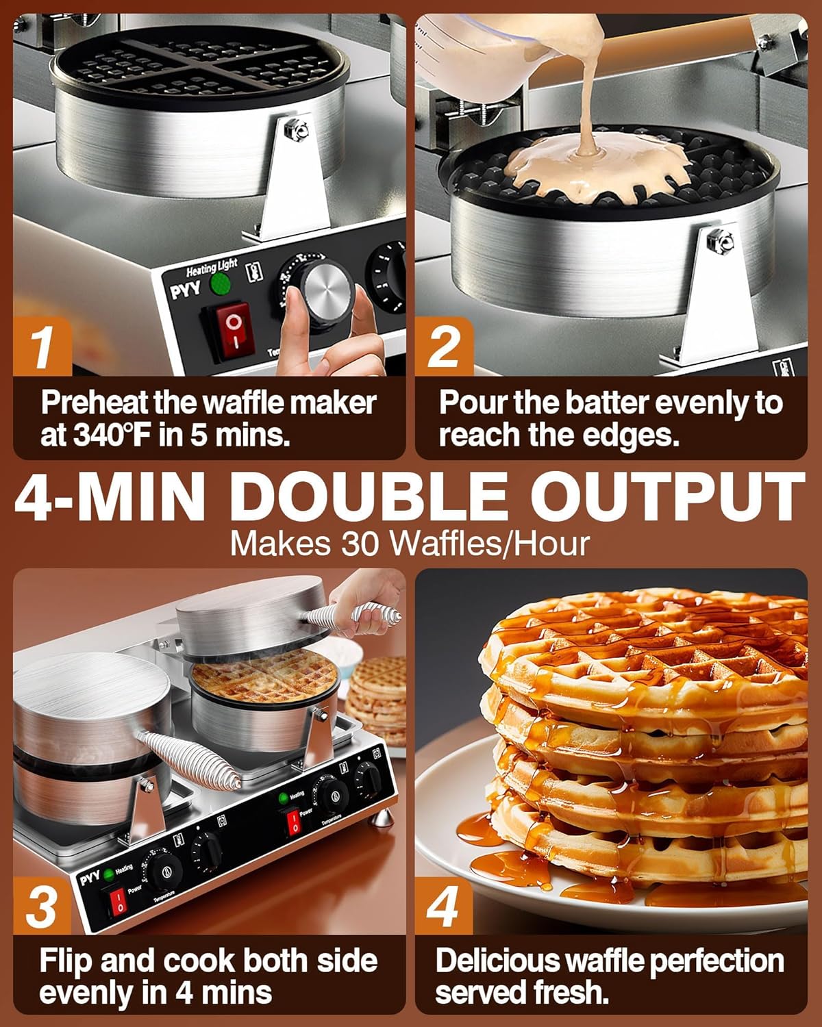PYY Commercial Waffle Maker - Double-Head Round Waffle Maker, Stainless Steel, Non-stick Electric Large Chaffle Maker for Restaurant Bakery Snack Bar Family, Silver 2500W