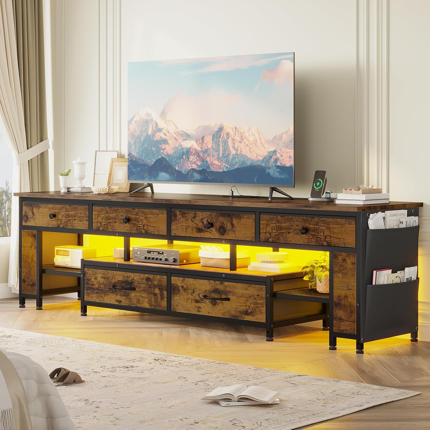 BTHFST LED TV Stand for 65/70/75 Inch TV,Entertainment Center with Storage & Power Outlets,63" TV Stand with 6 Drawers & 4 Bags & Shelves,TV Console Media Console for Living Room,Bedroom, Rustic Brown