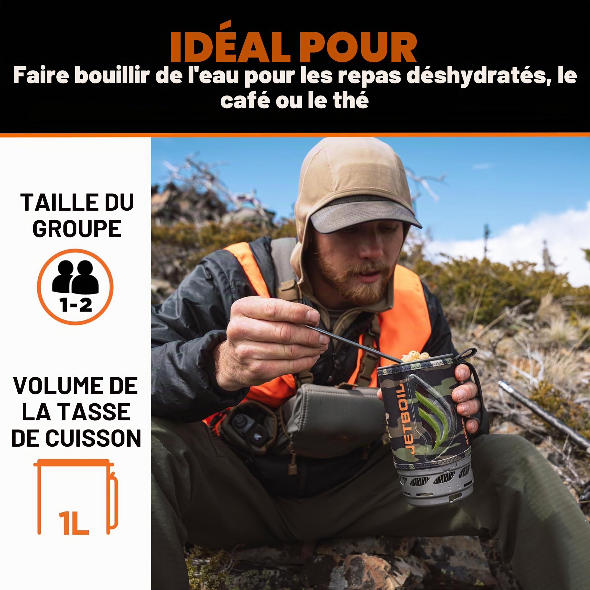 Jetboil Flash Réchaud portable 1 L à ébullition rapide pour camping randonnée avec allumage automatique en 1 étape, brûleur propane/isobutane avec tasse de cuisson, camouflage foncé