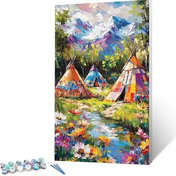 Paint by Numbers for Adults Indian Tent, Canvas for Painting by Numbers 12x24inch, Painting with 3 types Paint Brushes and Acrylic Landscape,Arts and Crafts for Adults,Wall Art Home Decor Gifts 8441