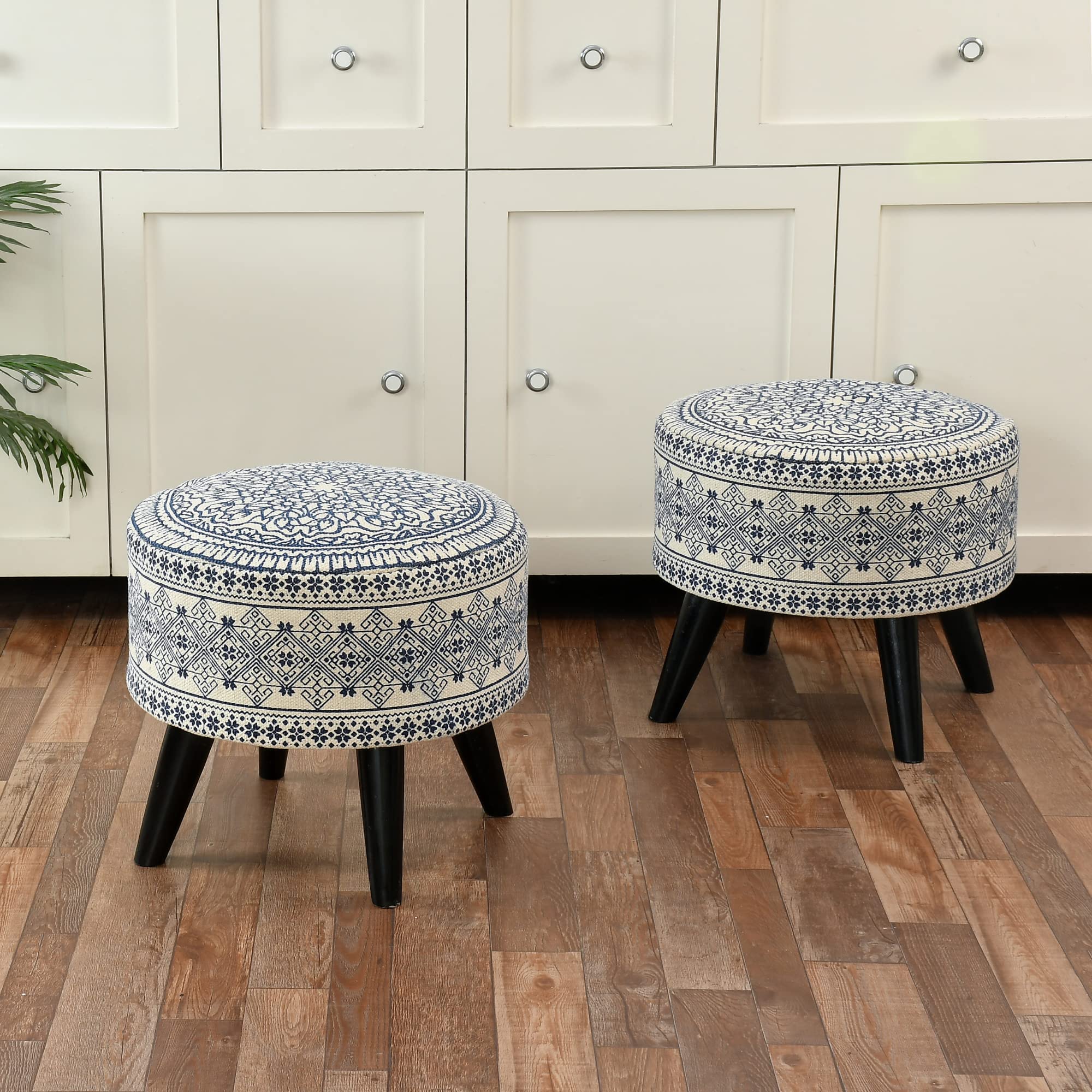 KONVIO Ottoman with 2 Set of Printed Fabric Upholstered Foot Rest Stool Padded Seat with 4 Round Wooden Legs for Living Room, Bedroom, Office | Cotton Canvas 14x16 Inch Stool (Blue, 2pcs)