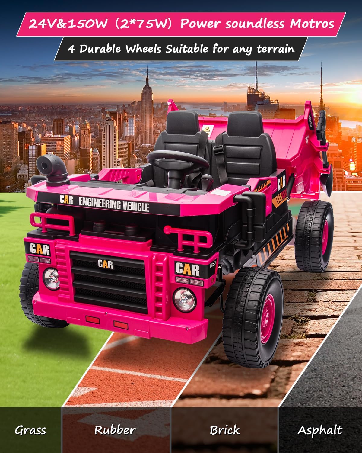 24V 2 Seat Ride on Dump Truck, 20in Ride on Toys for Big Kids - Ride on Toys with Remote Control, Construction Vehicles and Electric Dump Bed/Shovel, with Music,Key Start for Safety,Rose