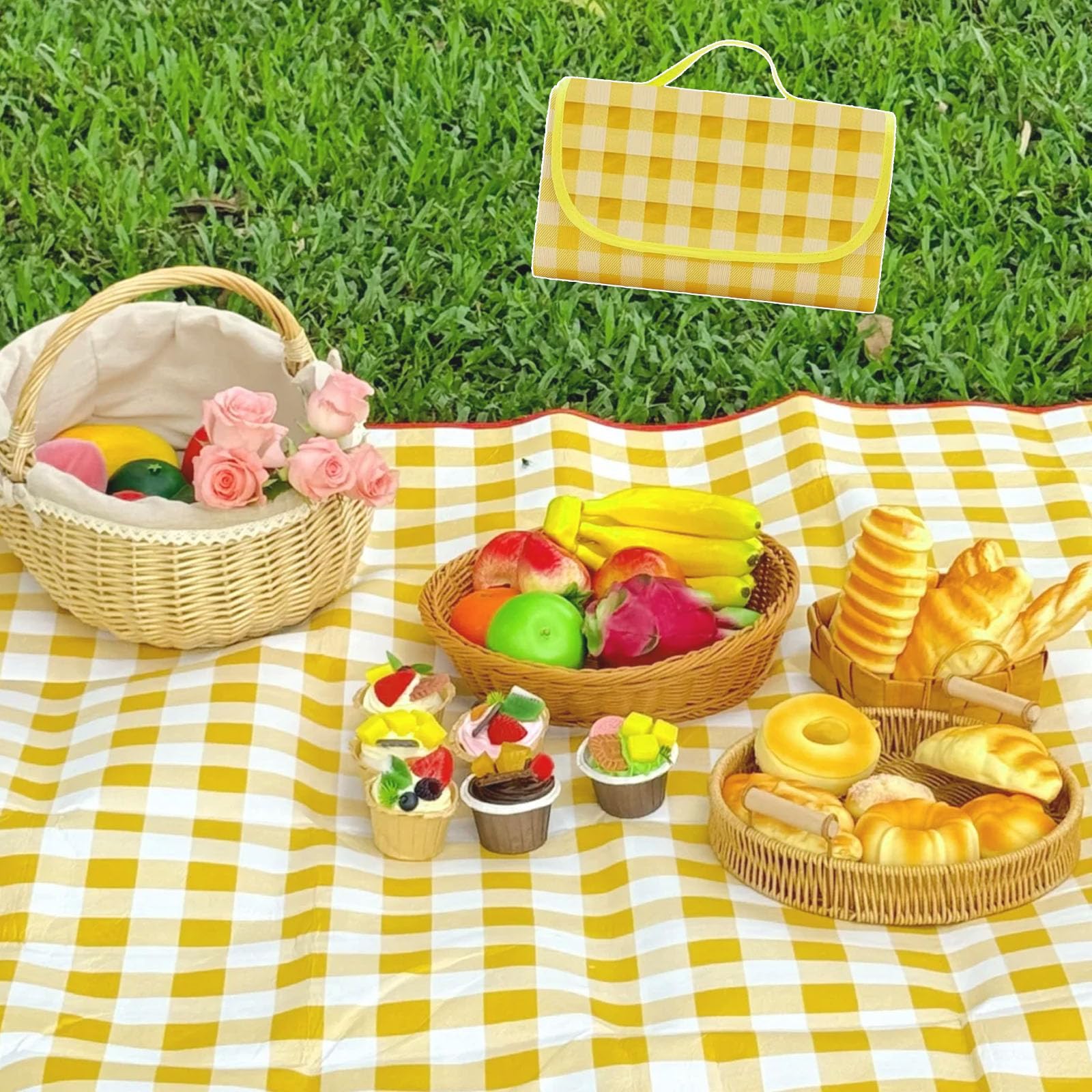 LEKUIYIN Large Picnic Blanket, Yellow Checkered Picnic Mat Foldable with Carrying Handle, Outdoor Waterproof Washable Picnic Blanket for Beach Garden Park Camping, 200×200cm