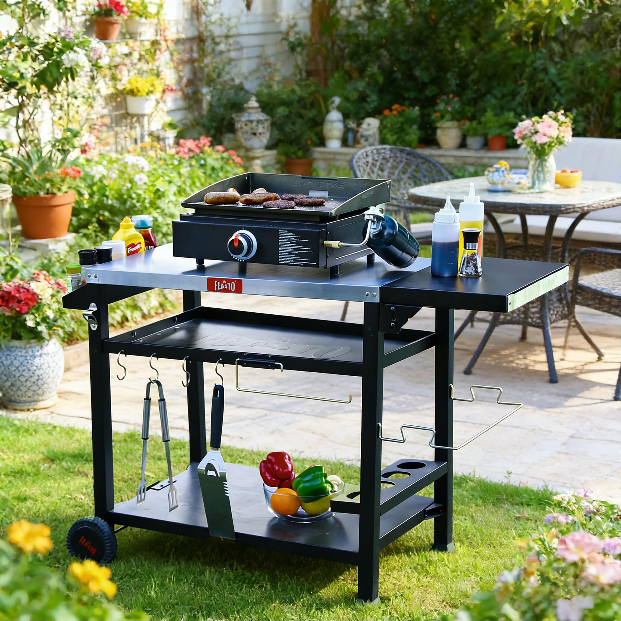 FEASTO Table de travail mobile à trois étagères pour la préparation des aliments, pour la maison et l'extérieur, en acier inoxydable, table de travail sur deux roues, 127 x 55 x 84 cm (L x l x H)