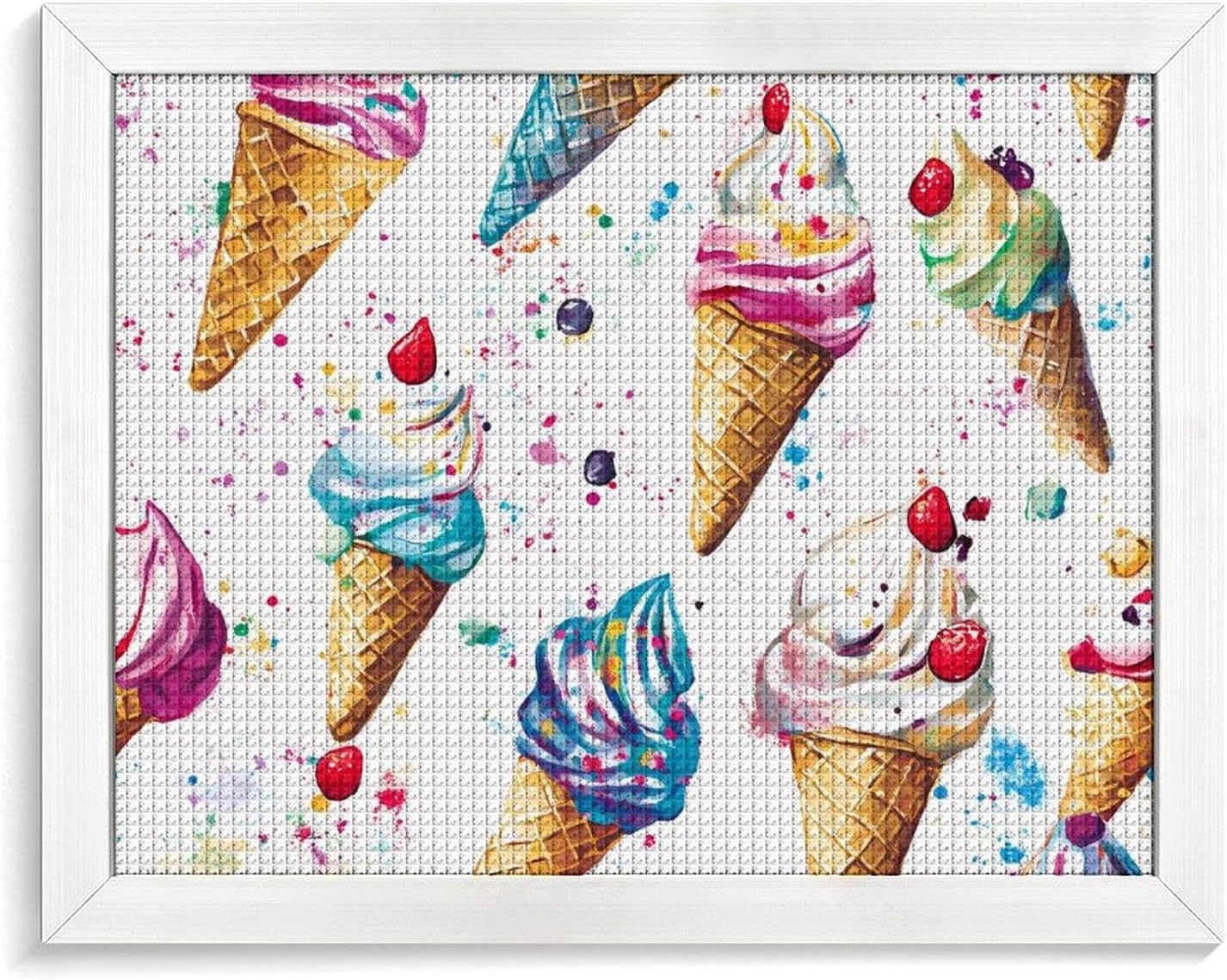 Ice Cream Cones Printed Diamond 5D Painting Kits DIY Full Drill Crafts for Home Wall Decor 16x20 Inch White Wood 50 * 40cm