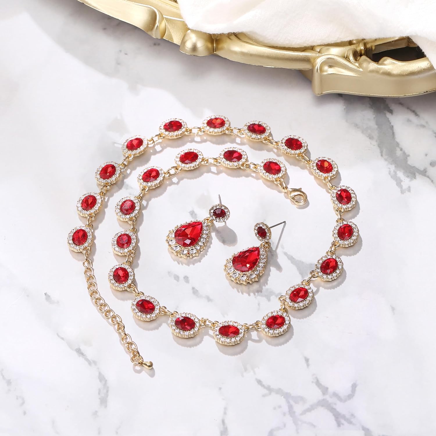 BriLove Wedding Jewelry Set for Women Bride Necklace Earrings Set Crystal Teardrop Oval Cluster Jewelry for Bridal Bridesmaid Party Prom - Image 5