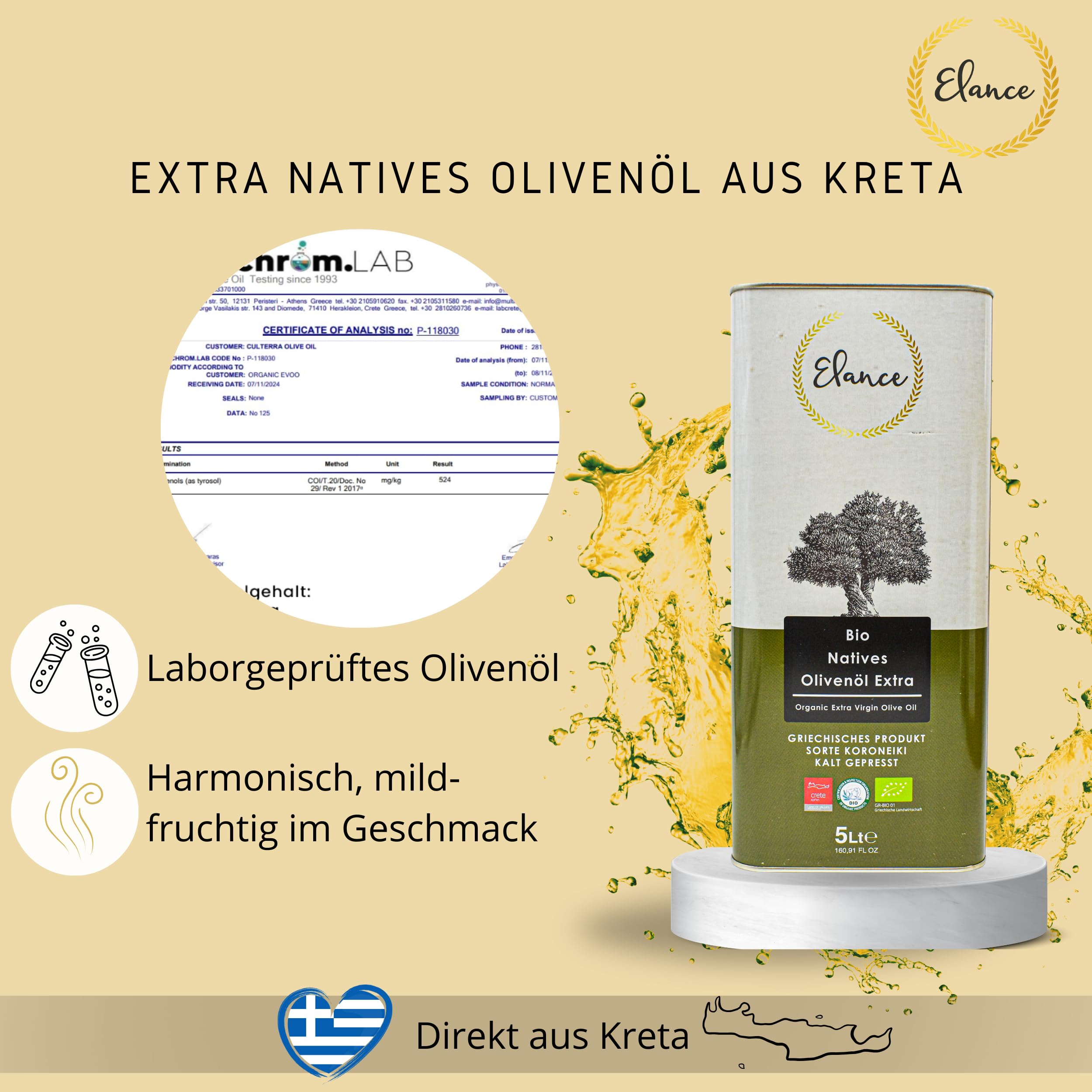 Elance Bio Olivenöl 5L – Natives Olivenöl Extra Vergine – Kaltgepresst, Griechisches Olivenöl – Extra Vergine Premium Qualität – Ideal zum Braten & Kochen