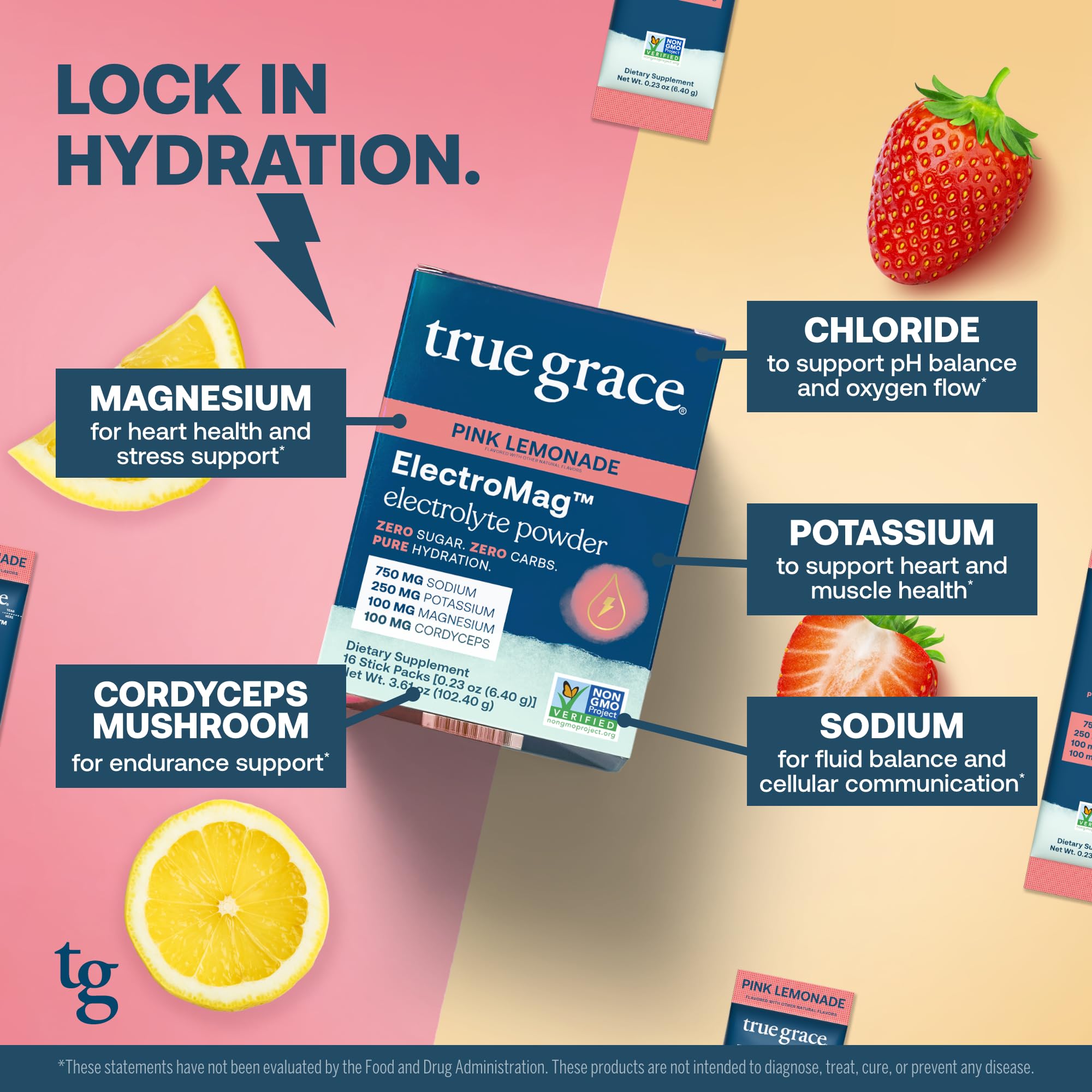 True Grace ElectroMag - 16 Stick Packs - Pink Lemonade - Electrolyte Powder for Rapid Hydration - Sodium, Potassium, Magnesium & Cordyceps - Zero Sugar & Carbs - Non-GMO - 16 Total Servings — Amazon image 6