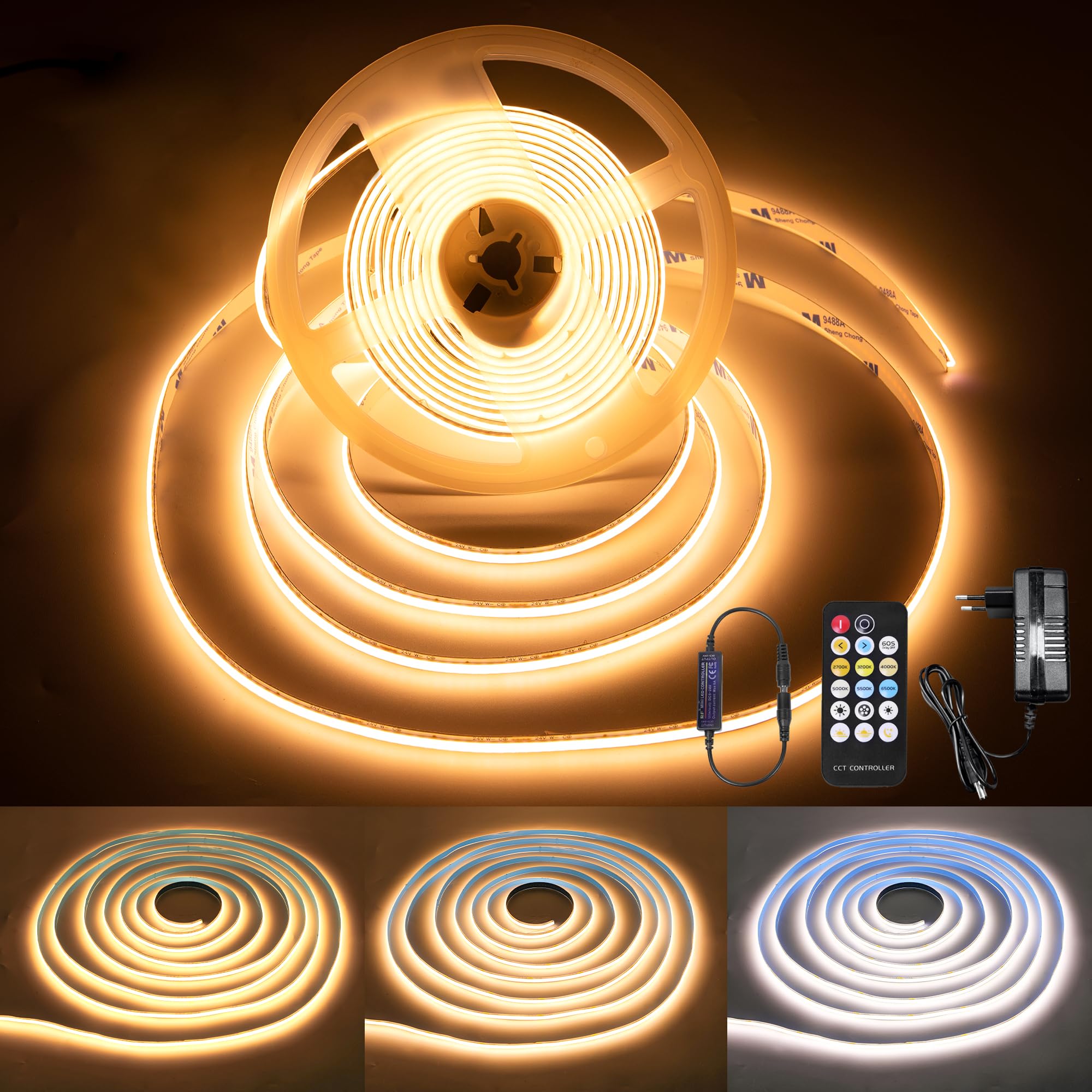 Macchiatto 5m COB LED Streifen Warmweiss 3000K, 640 LEDs Dimmbar Lichtband CRI90+, COB LED Strip Punktlos Flexible für TV Hintergrundbeleuchtung Schlafzimmer Küche Kleiderschrank