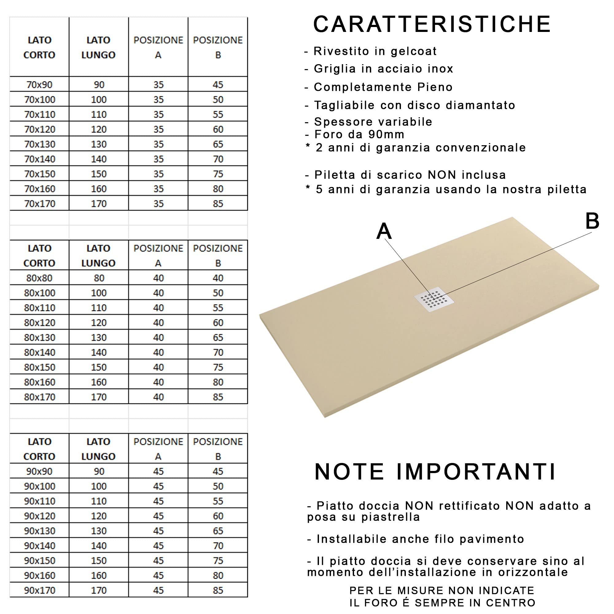 Receveur de douche en résine minérale effet pierre avec trou central - 90 x 120