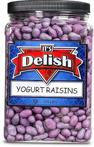 Miniatura 6 de It´s Delish, contenedor jumbo de 3 libras de pasas cubiertas de yogur morado | Fruta cubierta de yogur jumbo sin lácteos Kosher para aperitivos
