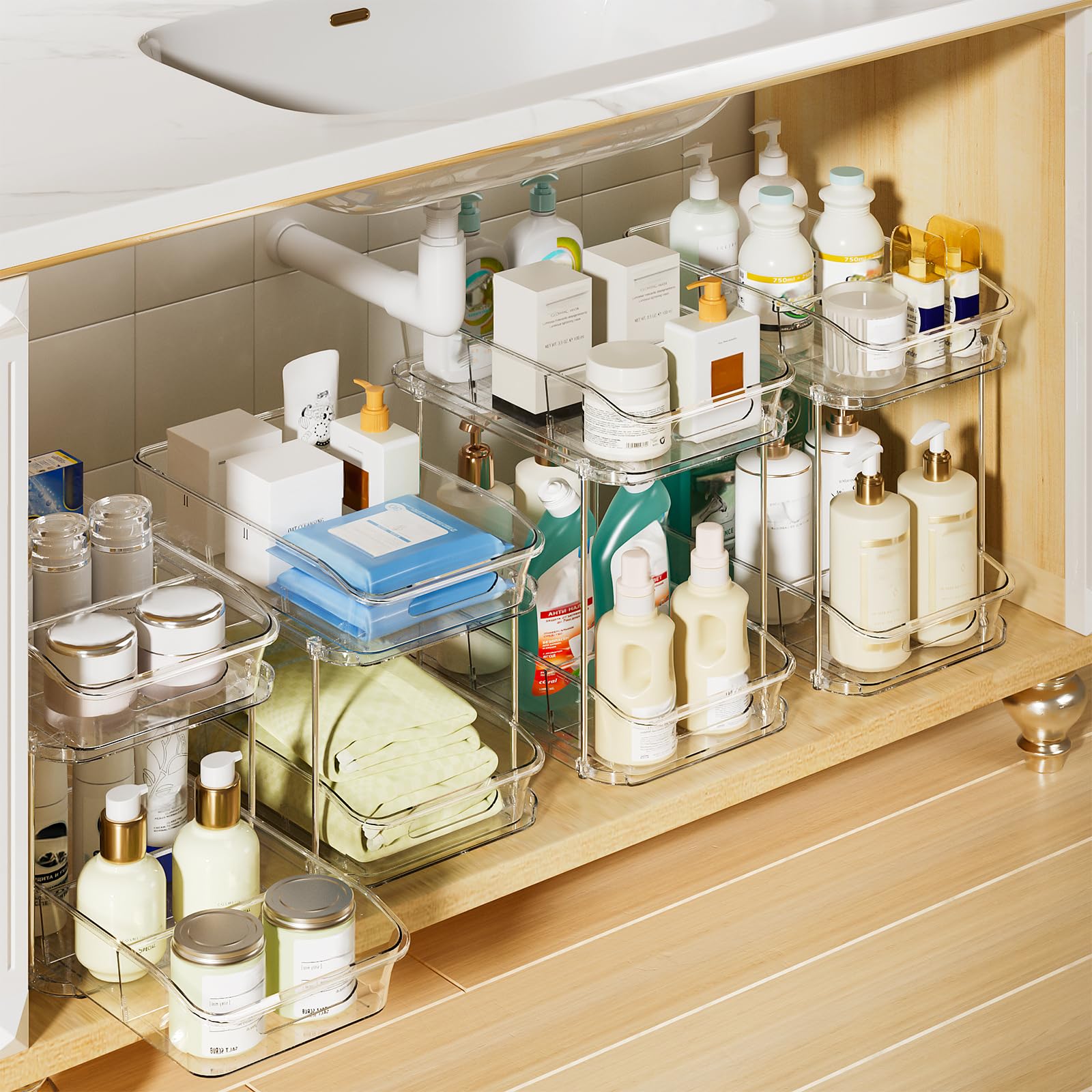 Paquete de 4 organizadores y almacenamiento de baño, organizador transparente de 2 niveles para debajo del fregadero, organizador extraíble para botiquín 9