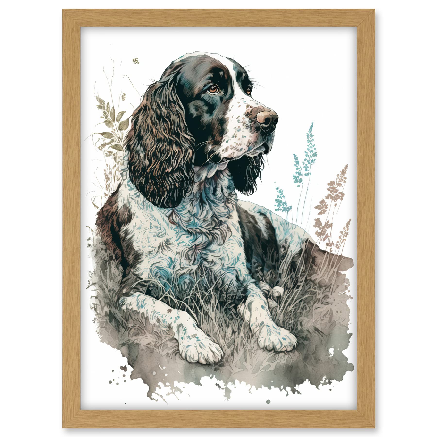 Artery8 English Springer Spaniel Dog Lying in Field Modern Watercolour Illustration Artwork Framed A3 Wall Art Print