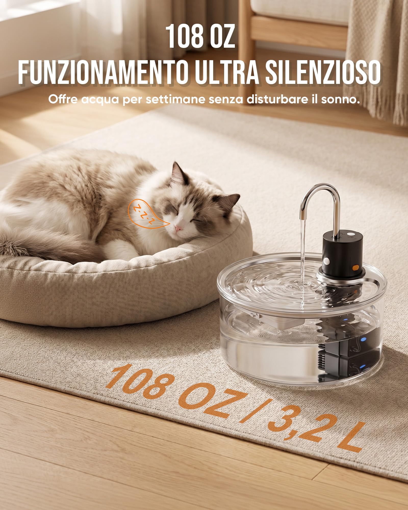 Tomxcute Fontanella per Gatti 3,2L in Vetro con Sensore | Batteria da 5000mAh per utilizzo senza fili, erogazione automatica dell'acqua e livello sempre visibile