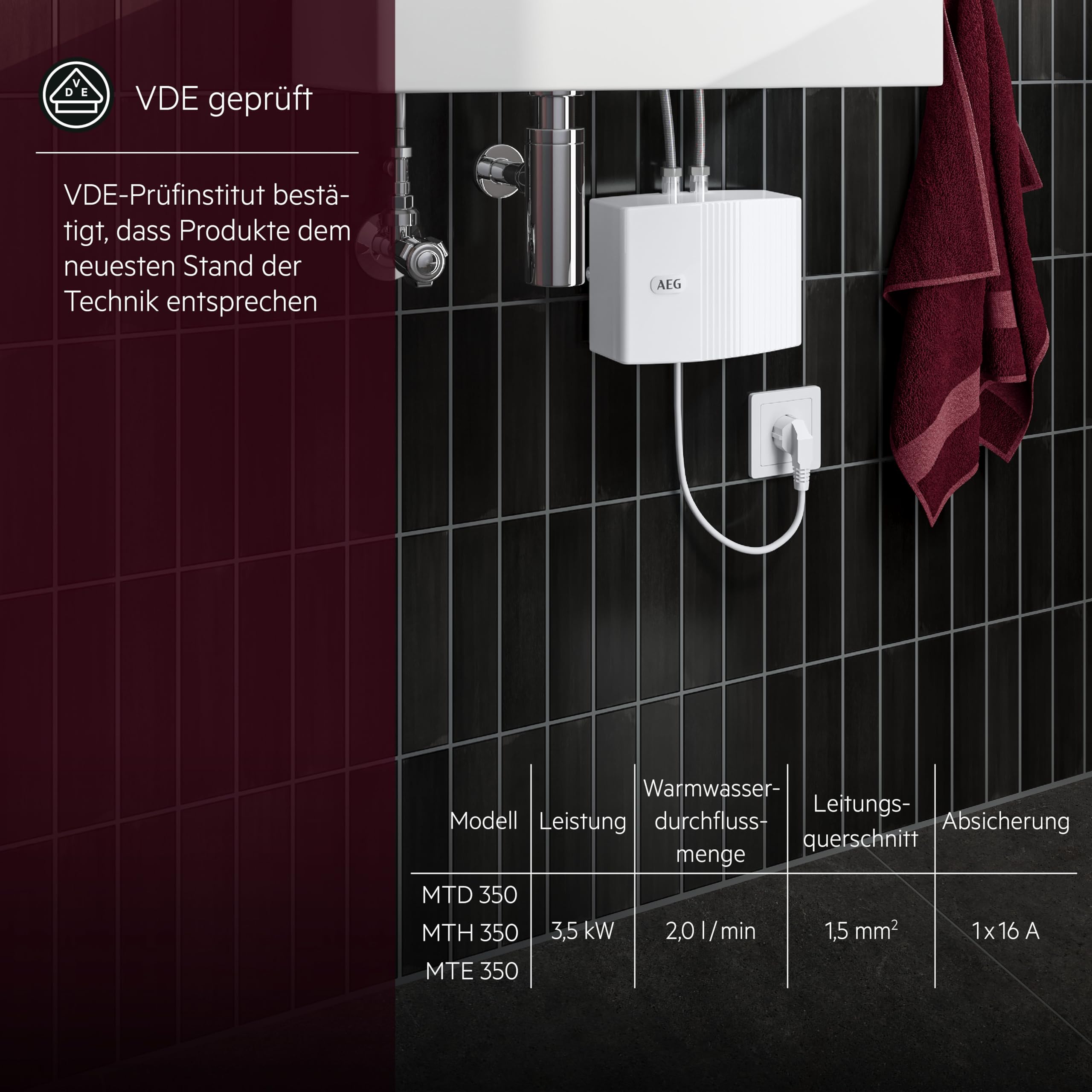 AEG hydraulischer Klein-Durchlauferhitzer MTD 350 fürs Handwaschbecken im Gäste-WC, 3,5 kW, mit Stecker 230V, druckfest + drucklos, Made in Germany, VDE geprüft