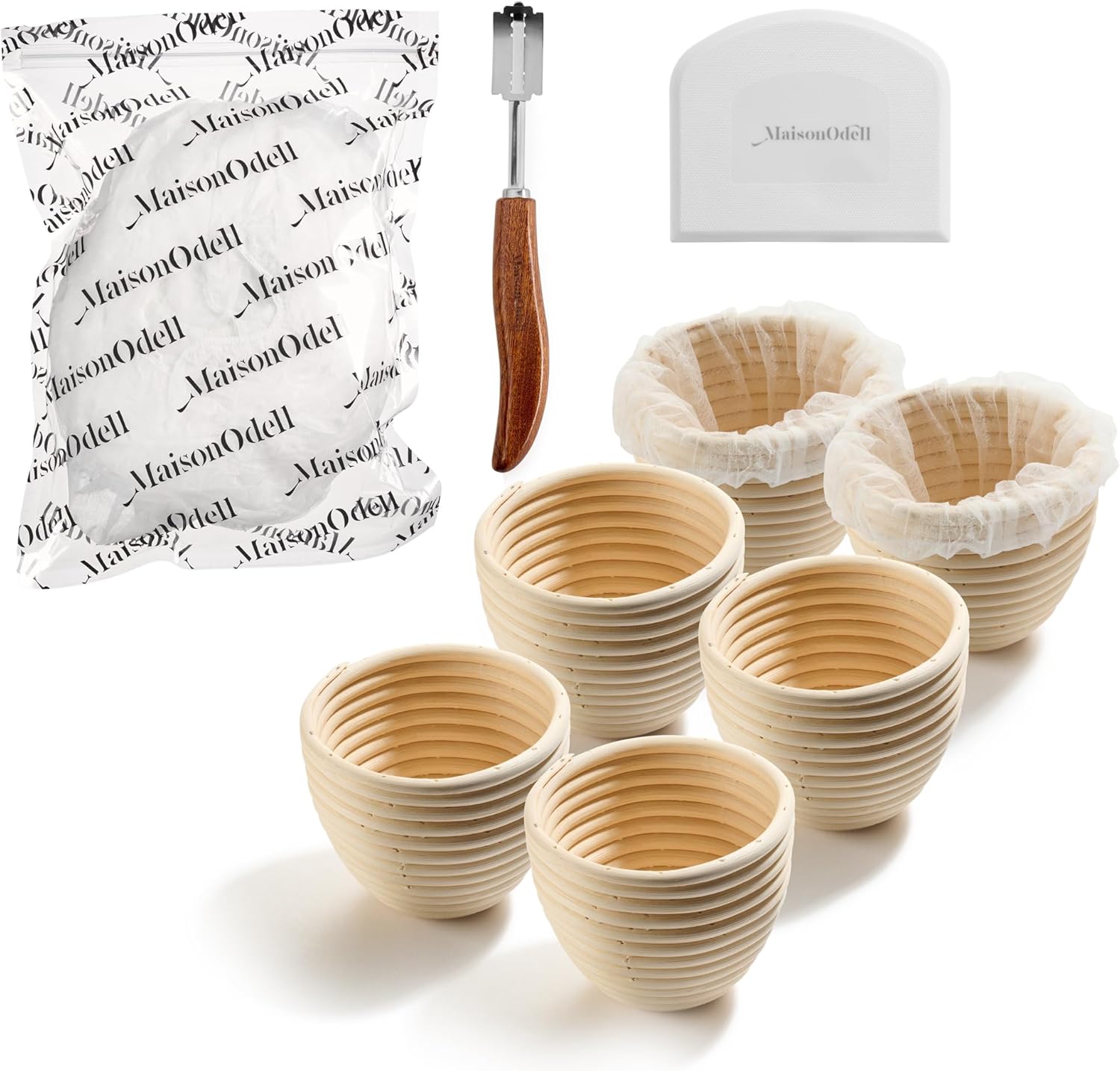 Mini Sourdough Proofing Basket Set – 6 Natural Rattan Banneton Baskets with Fabric Proofing Covers & Dough Scoring Knife