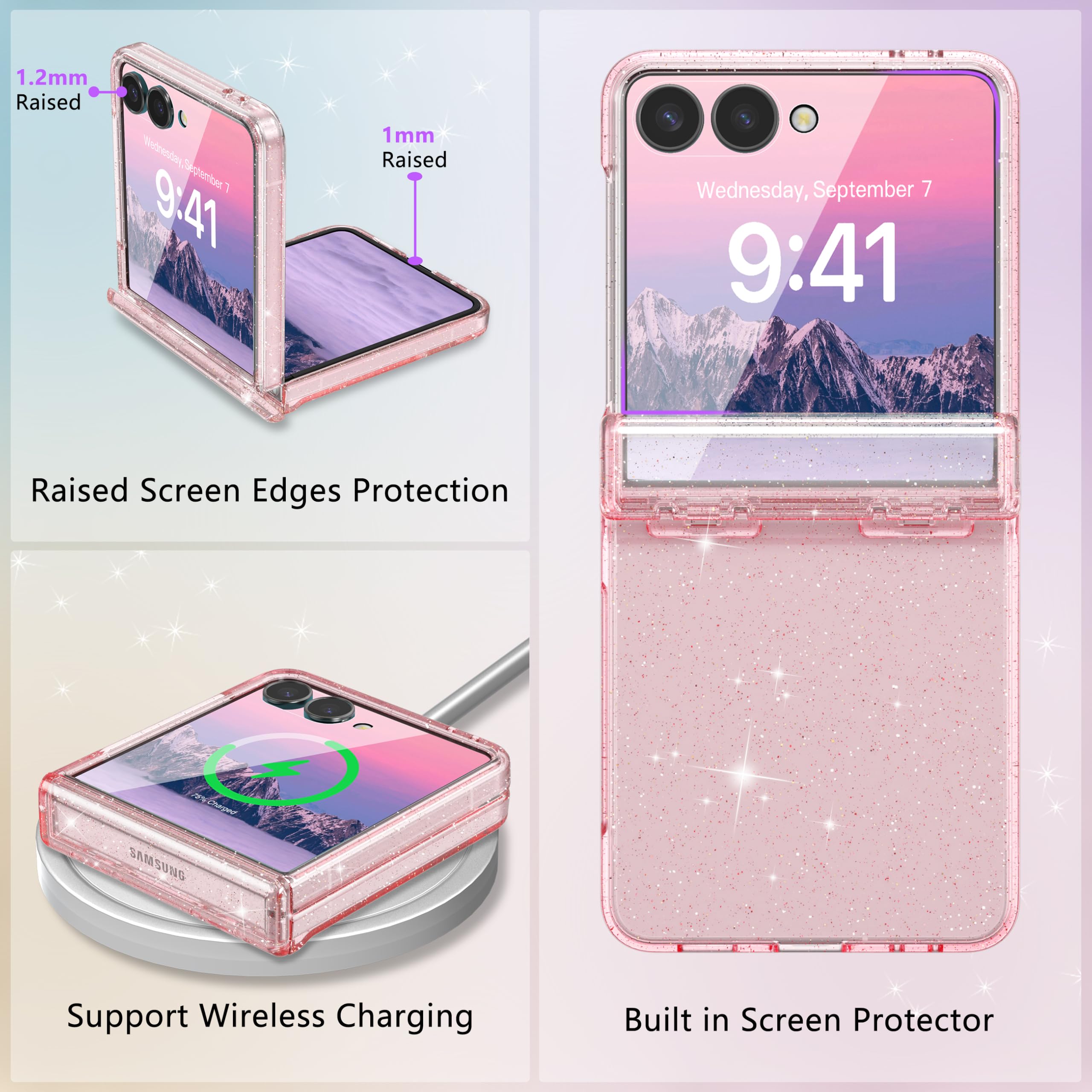 FABSPARK Schutzhülle für Samsung Galaxy Z Flip 7, integrierter Displayschutz, Scharnierschutz, funkelnder Glitzer, kristallklar, transparent, schmale Passform, Acryl, hartes Polycarbonat für Samsung Z
