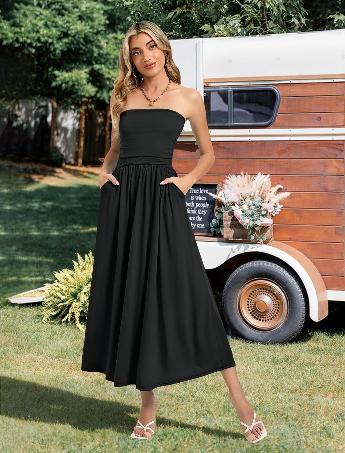 HUSKARY Tube Top Dress for Women Summer Casual Off Shoulder Midi Beach Vacation Dresses with Pockets