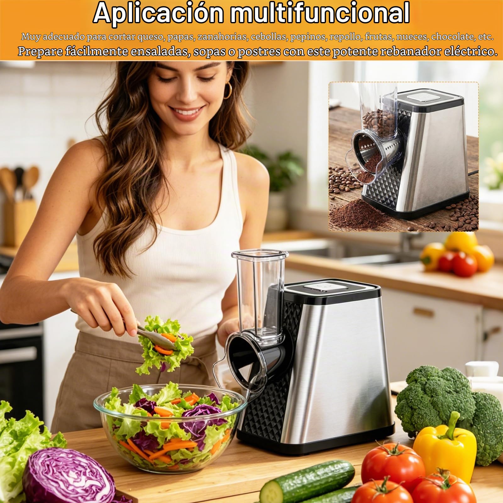 Cortador de Verdura, Cortador de Verduras Eléctrico 5 en 1 con 5 Cuchillas de Acero Inoxidable Rallador de Verduras Multifuncional de 800 W para Queso Duro Zanahorias Pepinos Patatas Repollo