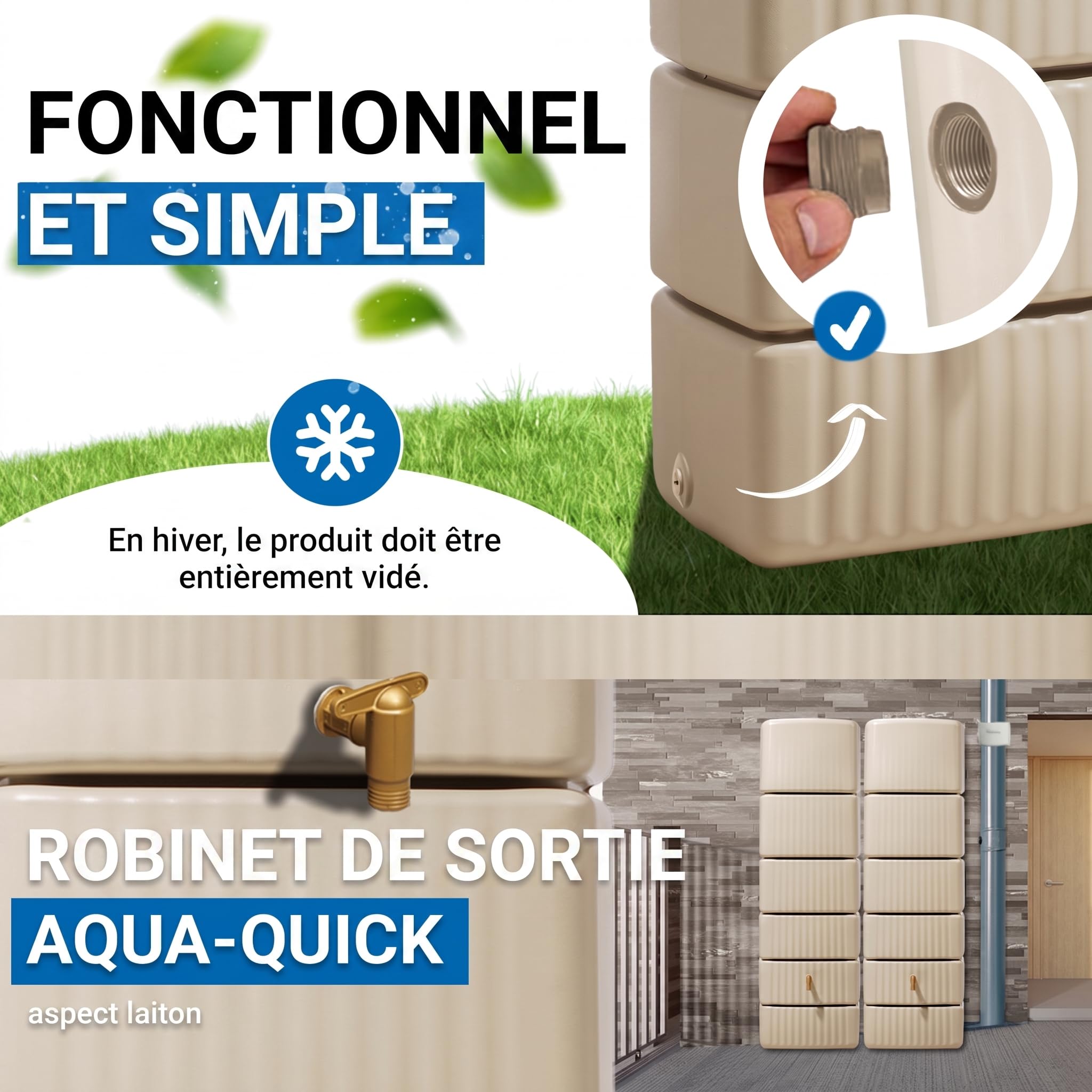 4rain Slim Kit Recuperateur d Eau de Pluie 660L Sable Beige | 2X Réservoir d’Eau de Pluie Slim 330L avec Connecteur, Récupérateur Mural Robuste pour Jardin et Terrasse