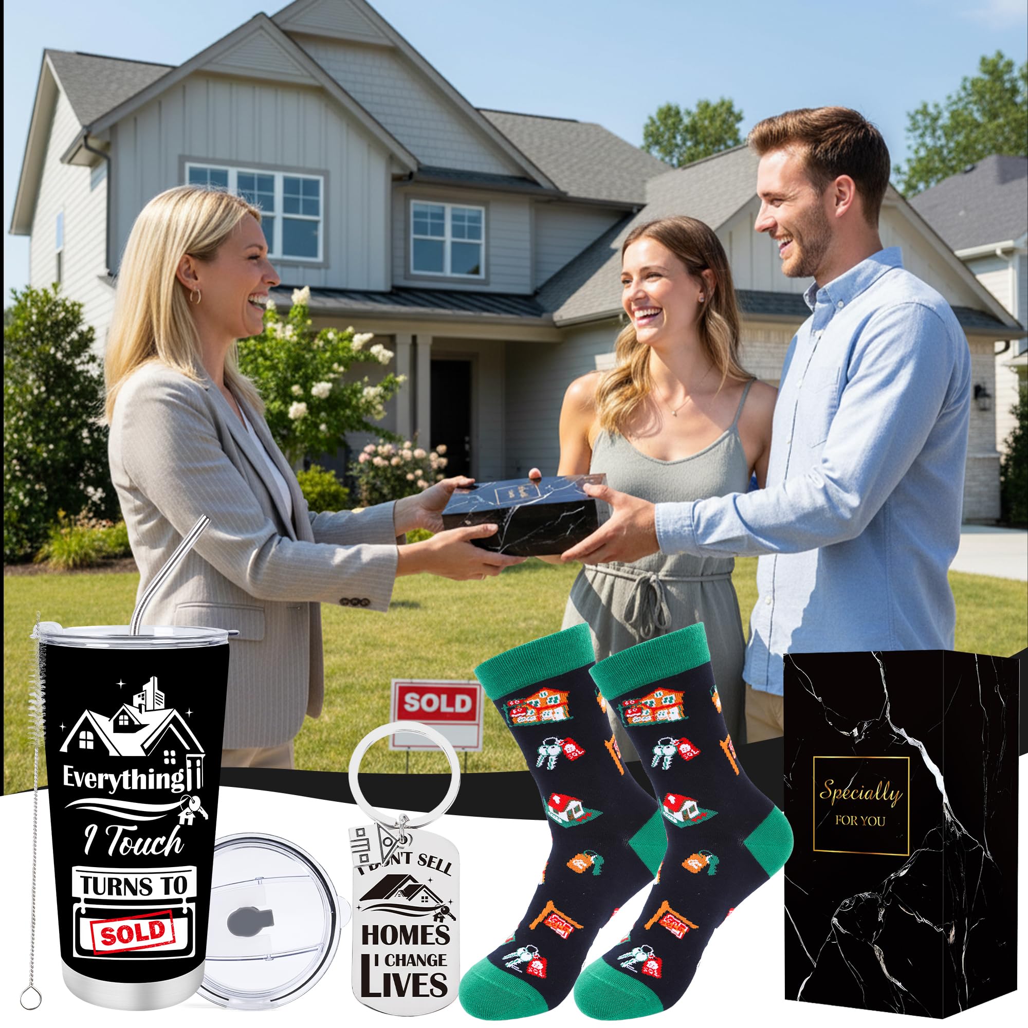 Keluna Realtor Gifts for Women Men - 3Pcs Real Estate Agent Gifts, 20oz Realtors Tumbler with Lid Straw, Keychain, Socks, Funny Christmas Birthday Closing Presents for Real Estate Agent Salesman