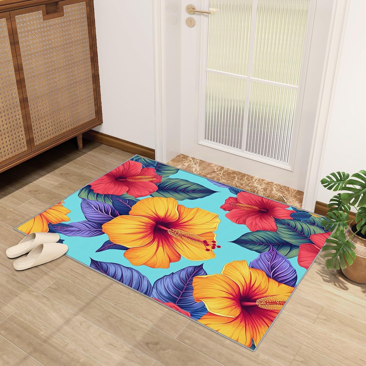 Floral Rug 5x7-2x3 Rug - Floral Rug - Tropical Leaf Flower Area Rug - Girls Colorful Rugs - Multicolor Plant Carpet - Home Decor