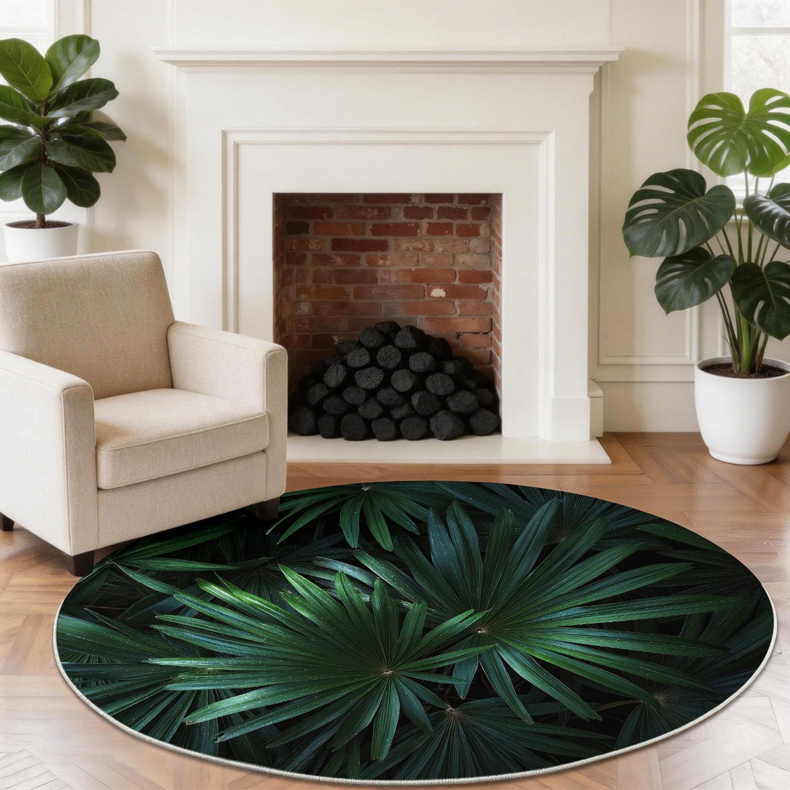 Tappeto rotondo con foglie di palma, morbido, nero, lavabile, non perde pelo, moderno, minimalista, alla moda, 150 cm, per cucina, comodino, tappetino antiscivolo per camera da letto