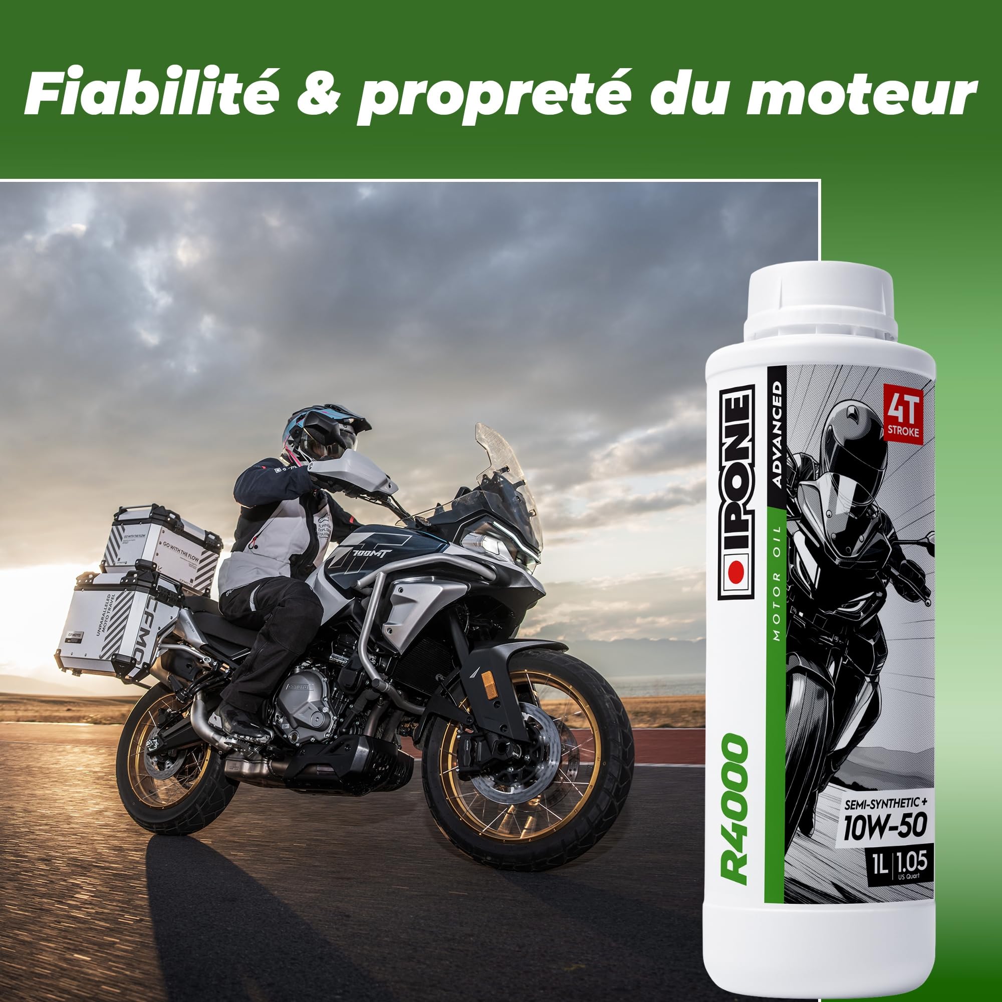 IPONE – Huile Moteur Moto 4 Temps 10W50 R4000 – Bidon 4 Litres - Semi-Synthétique+ - Gamme Advanced - Protection durable du moteur - Durée de vie de l'huile prolongée - Propreté du moteur garantie