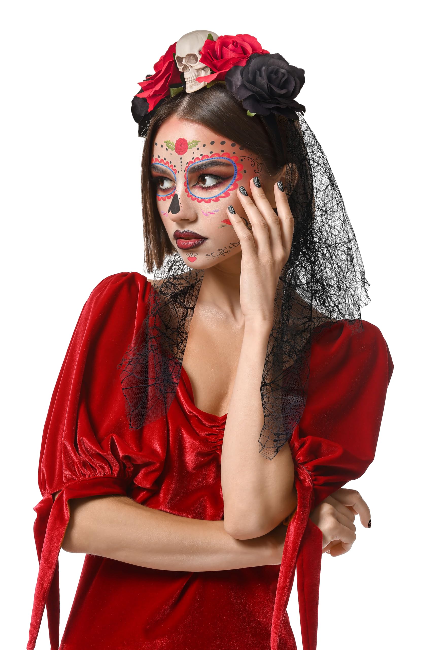 Balinco Dia de los Muertos Women's Day of the Dead Headband with Skull, Roses, Veil and Temporary Face Tattoo, Red, Black - Image 2